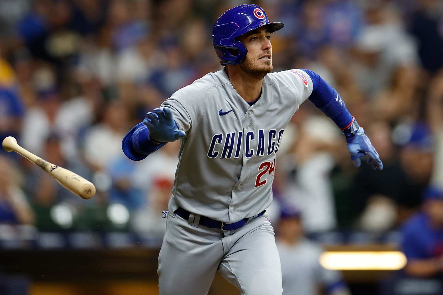 MILWAUKEE, WISCONSIN - SEPTEMBER 30: Cody Bellinger #24 of the Chicago Cubs hits a run-scoring double in the fourth inning against the Milwaukee Brewers at American Family Field on September 30, 2023 in Milwaukee, Wisconsin. (Photo by John Fisher/Getty Images)
