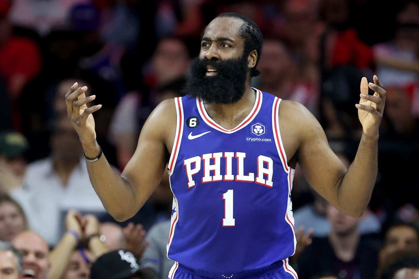 PHILADELPHIA, PENNSYLVANIA - MAY 11: James Harden #1 of the Philadelphia 76ers reacts to a play against the Boston Celtics during the second quarter in game six of the Eastern Conference Semifinals in the 2023 NBA Playoffs at Wells Fargo Center on May 11, 2023 in Philadelphia, Pennsylvania. NOTE TO USER: User expressly acknowledges and agrees that, by downloading and or using this photograph, User is consenting to the terms and conditions of the Getty Images License Agreement. (Photo by Tim Nwachukwu/Getty Images) PHILADELPHIA, PENNSYLVANIA - MAY 11: James Harden #1 of the Philadelphia 76ers reacts to a play against the Boston Celtics during the second quarter in game six of the Eastern Conference Semifinals in the 2023 NBA Playoffs at Wells Fargo Center on May 11, 2023 in Philadelphia, Pennsylvania. NOTE TO USER: User expressly acknowledges and agrees that, by downloading and or using this photograph, User is consenting to the terms and conditions of the Getty Images License Agreement. (Photo by Tim Nwachukwu/Getty Images)