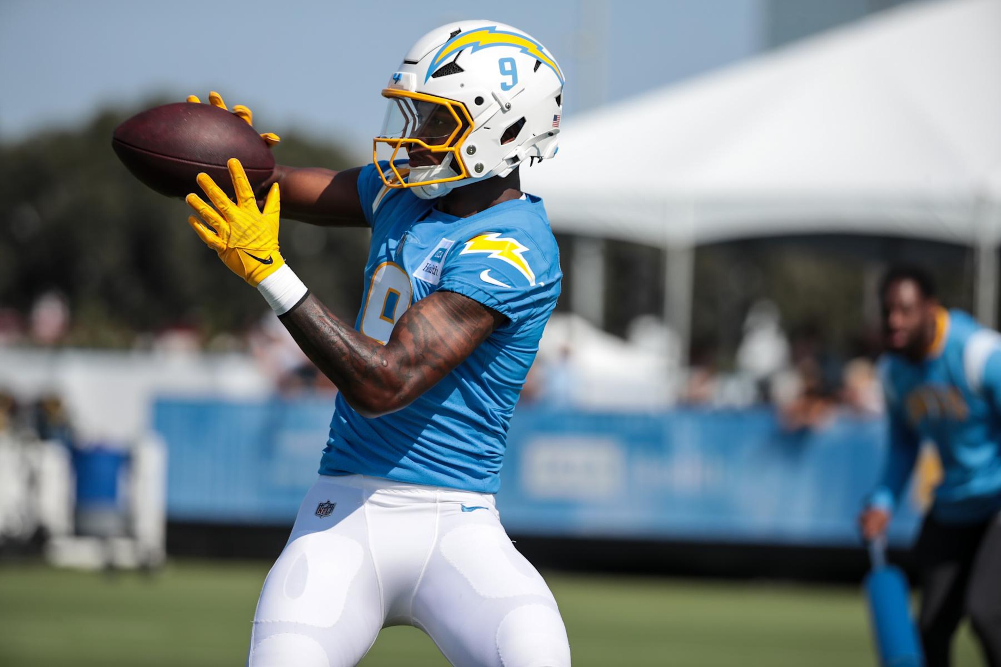 EL SEGUNDO, CA - JULY 24: Los Angeles Chargers wide receiver DJ Chark Jr. (9) during the Los Angeles Chargers Training Camp on July 24, 2024, at The Bolt in El Segundo, CA. (Photo by Jevone Moore/Icon Sportswire via Getty Images) EL SEGUNDO, CA - JULY 24: Los Angeles Chargers wide receiver DJ Chark Jr. (9) during the Los Angeles Chargers Training Camp on July 24, 2024, at The Bolt in El Segundo, CA. (Photo by Jevone Moore/Icon Sportswire via Getty Images)