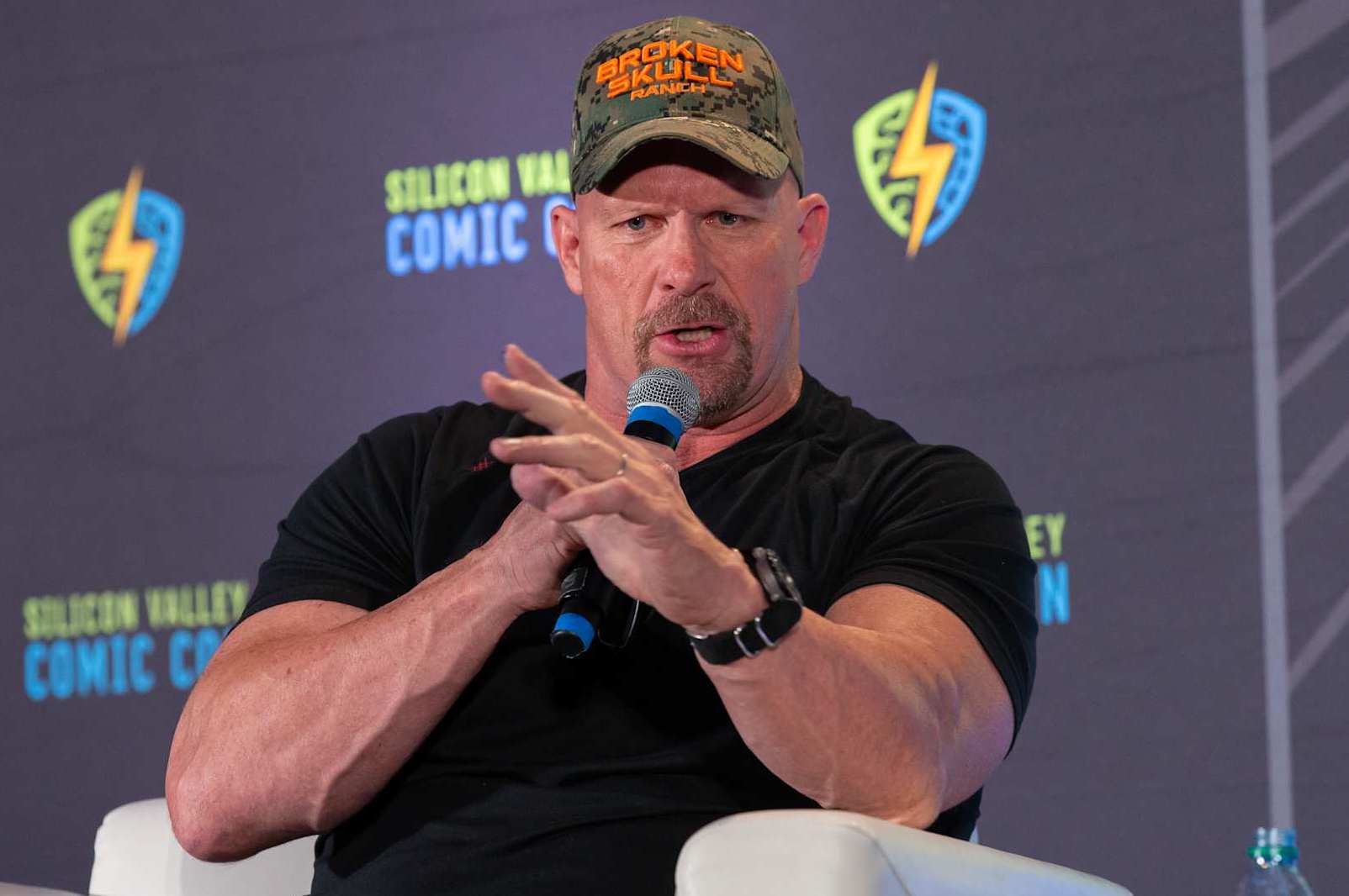 SAN JOSE, CALIFORNIA - AUGUST 17: Actor and WWE personality "Stone Cold" Steve Austin speaks at Silicon Valley Comic Con at the San Jose Convention Center on August 17, 2019 in San Jose, California. (Photo by Bill Watters/Getty Images)