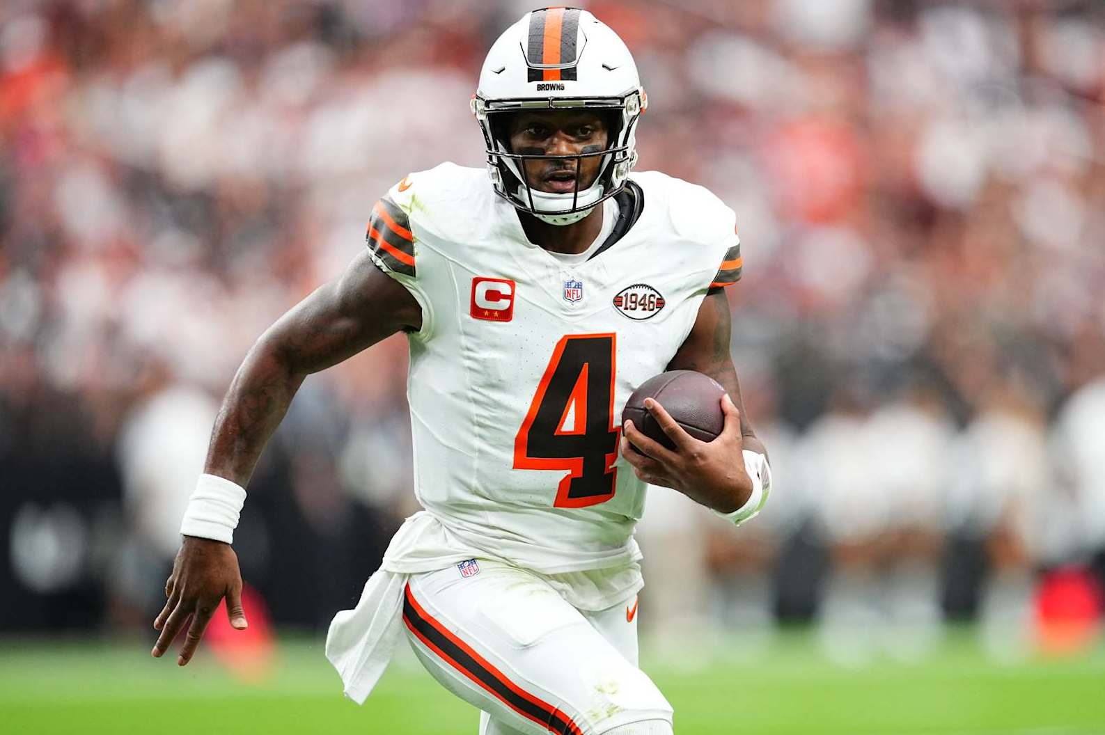 LAS VEGAS, NEVADA - SEPTEMBER 29: Quarterback Deshaun Watson #4 of the Cleveland Browns runs the ball during the game against the Las Vegas Raiders at Allegiant Stadium on September 29, 2024 in Las Vegas, Nevada. The Raiders defeated the Browns 20-16.  (Photo by Jeff Bottari/Getty Images)
