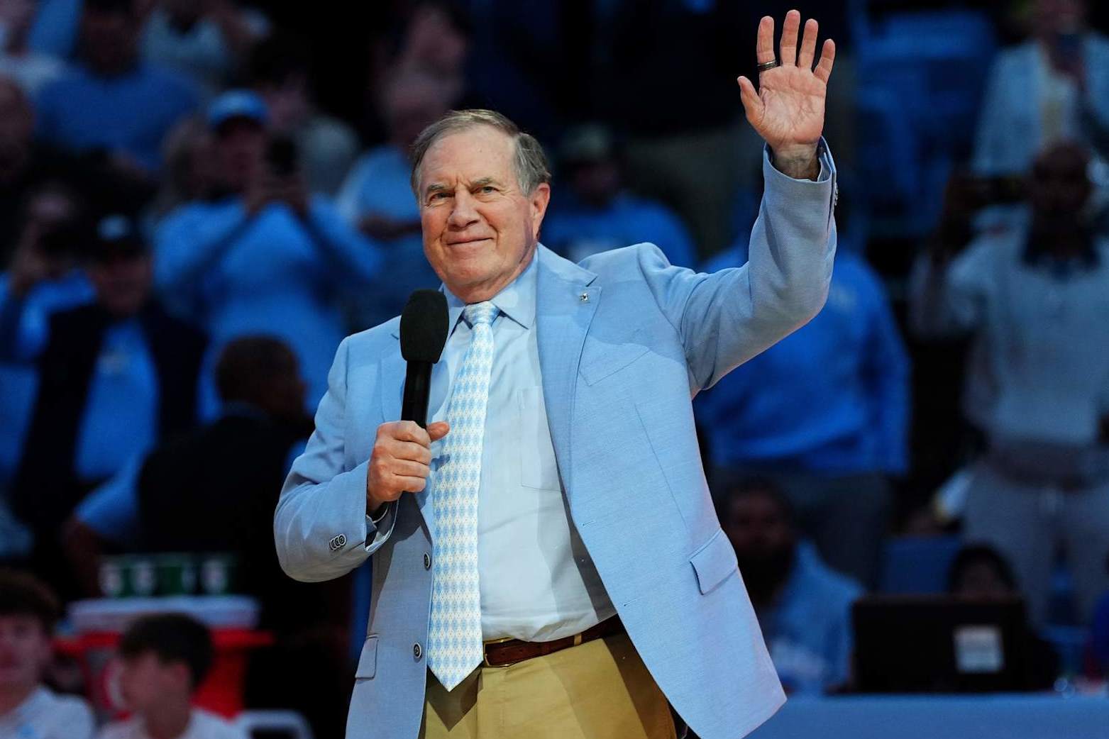 CHAPEL HILL, NORTH CAROLINA - DECEMBER 14: Head coach Bill Belichick of the North Carolina Tar Heels addresses the crowd during halftime in the game against the La Salle Explorers at the Dean E. Smith Center on December 14, 2024 in Greensboro, North Carolina. (Photo by Grant Halverson/Getty Images)