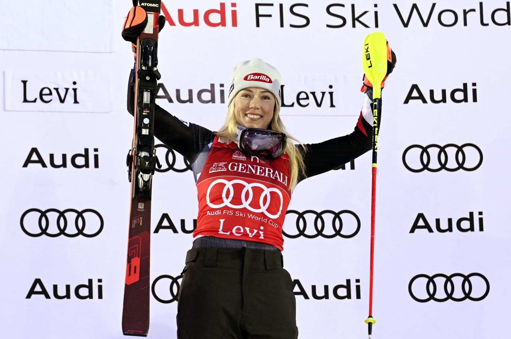 Winner Mikaela Shiffrin of USA celebrates on podium after the women's slalom competition of the FIS Alpine Skiing World Cup in Kittilae, Finland, on November 12,2023. (Photo by Vesa Moilanen / Lehtikuva / AFP) / Finland OUT (Photo by VESA MOILANEN/Lehtikuva/AFP via Getty Images)