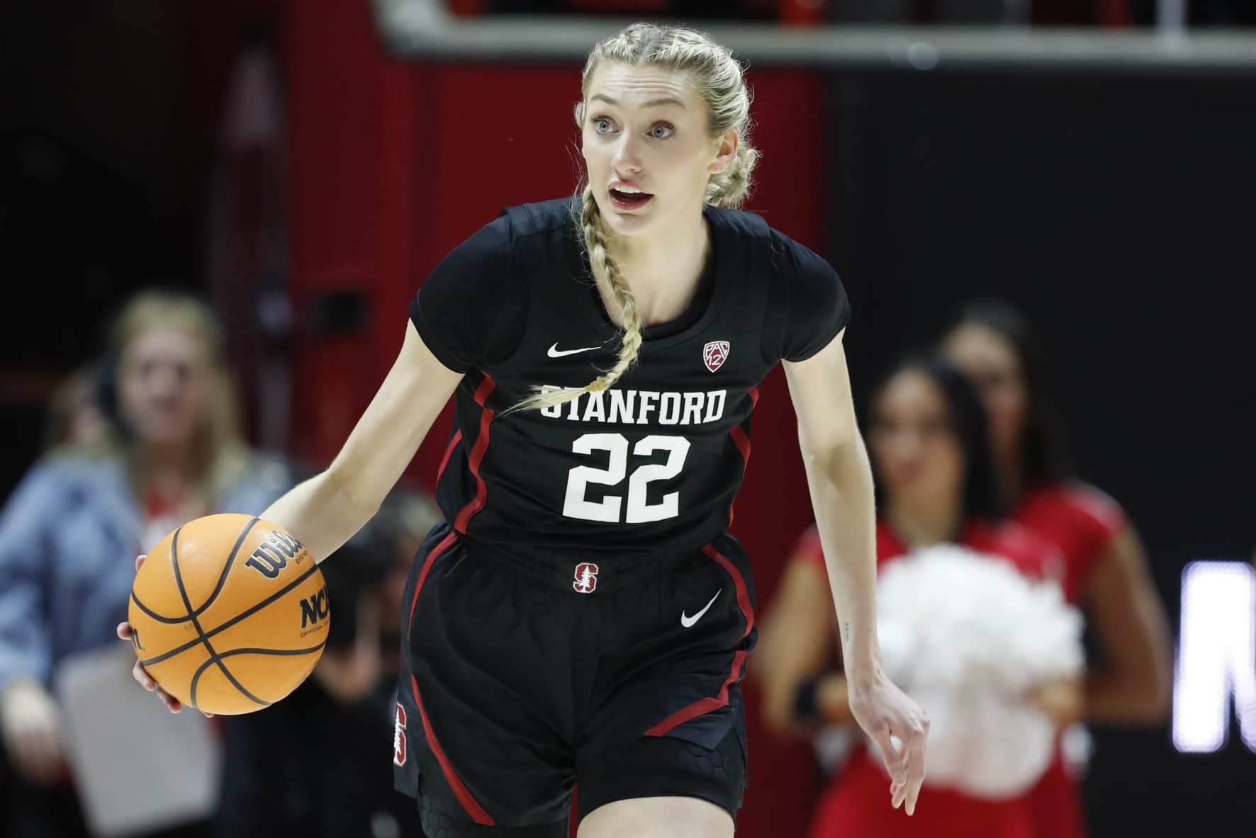 SALT LAKE CITY, UT - JANUARY 12:  Cameron Brink #22 of the Stanford Cardinal brings the ball up the court during the first half of their game against the Utah Utes at the Jon M Huntsman Center on January 12, 2024 in Salt Lake City, Utah. (Photo by Chris Gardner/Getty Images)