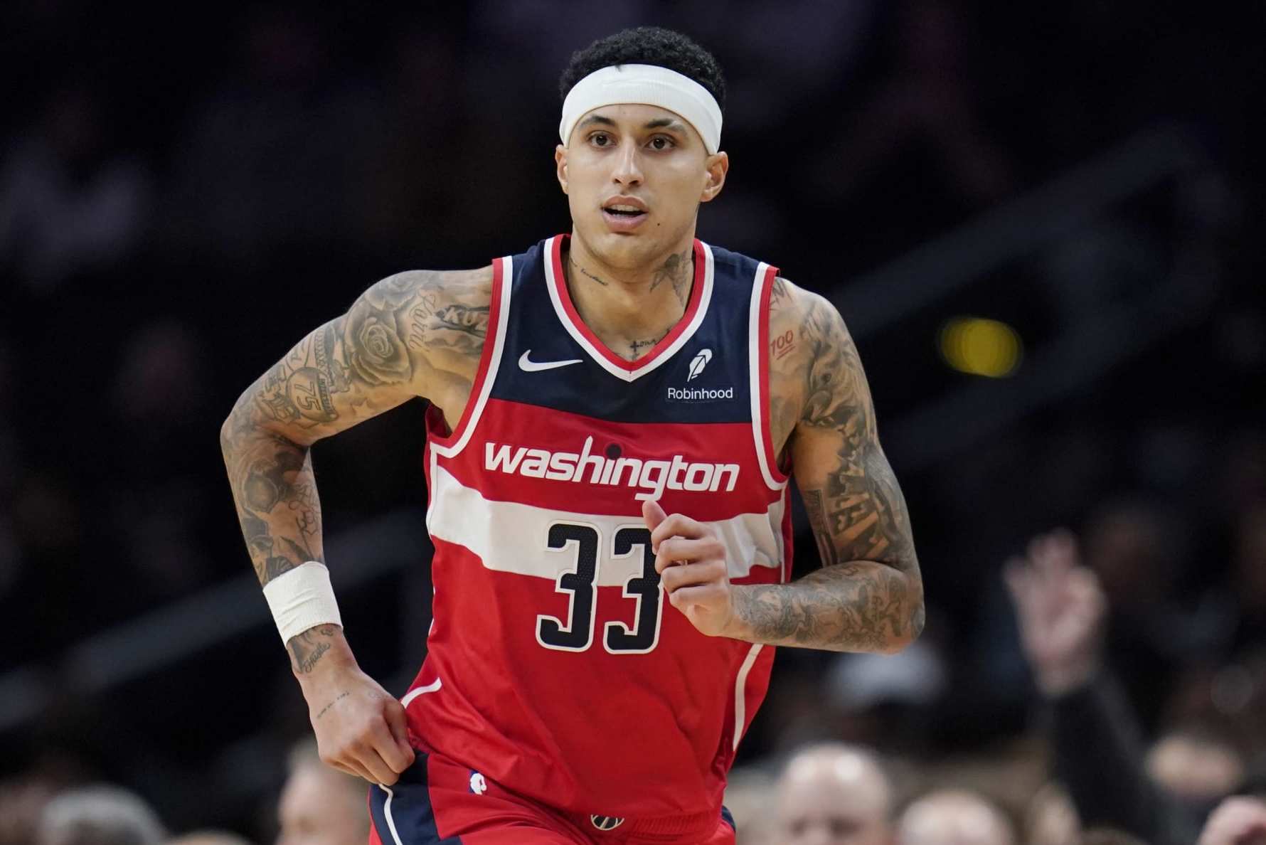 WASHINGTON, DC - DECEMBER 29: Kyle Kuzma #33 of the Washington Wizards jogs down the court during the second half against the Brooklyn Nets at Capital One Arena on December 29, 2023 in Washington, DC. NOTE TO USER: User expressly acknowledges and agrees that, by downloading and or using this photograph, User is consenting to the terms and conditions of the Getty Images License Agreement. (Photo by Jess Rapfogel/Getty Images)