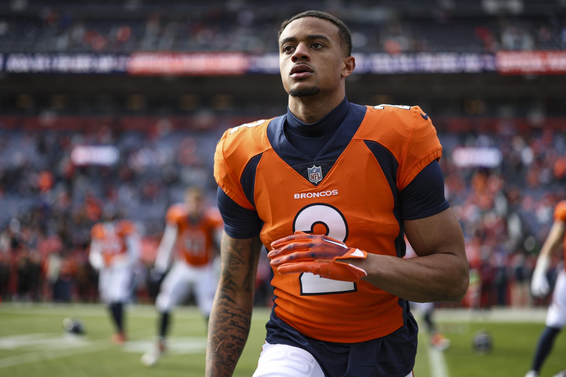 DENVER, CO - DECEMBER 31: Pat Surtain II #2 of the Denver Broncos warms up prior to an NFL football game against the Los Angeles Chargers at Empower Field at Mile High on December 31, 2023 in Denver, Colorado. (Photo by Perry Knotts/Getty Images)