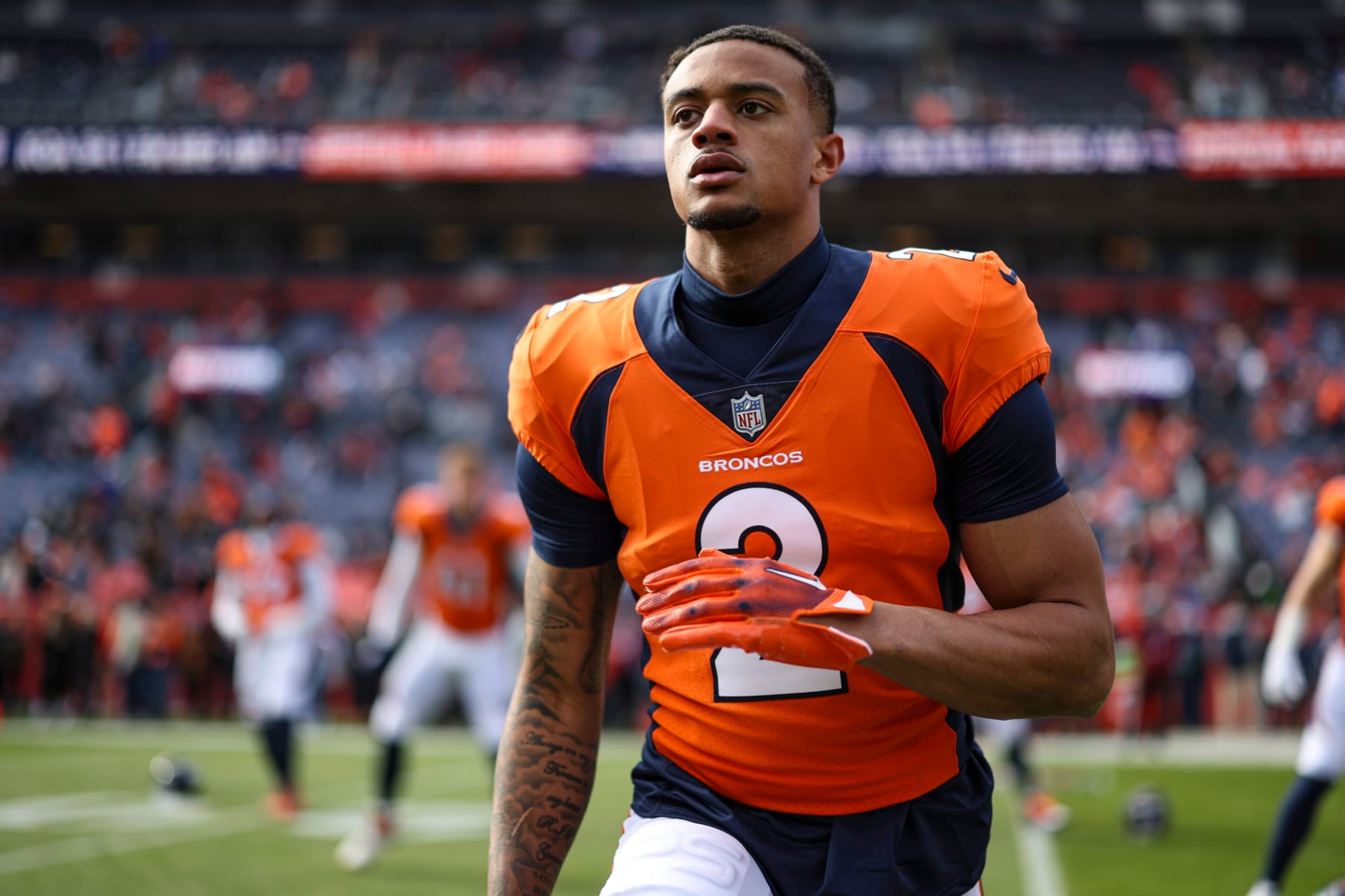 DENVER, CO - DECEMBER 31: Pat Surtain II #2 of the Denver Broncos warms up prior to an NFL football game against the Los Angeles Chargers at Empower Field at Mile High on December 31, 2023 in Denver, Colorado. (Photo by Perry Knotts/Getty Images)