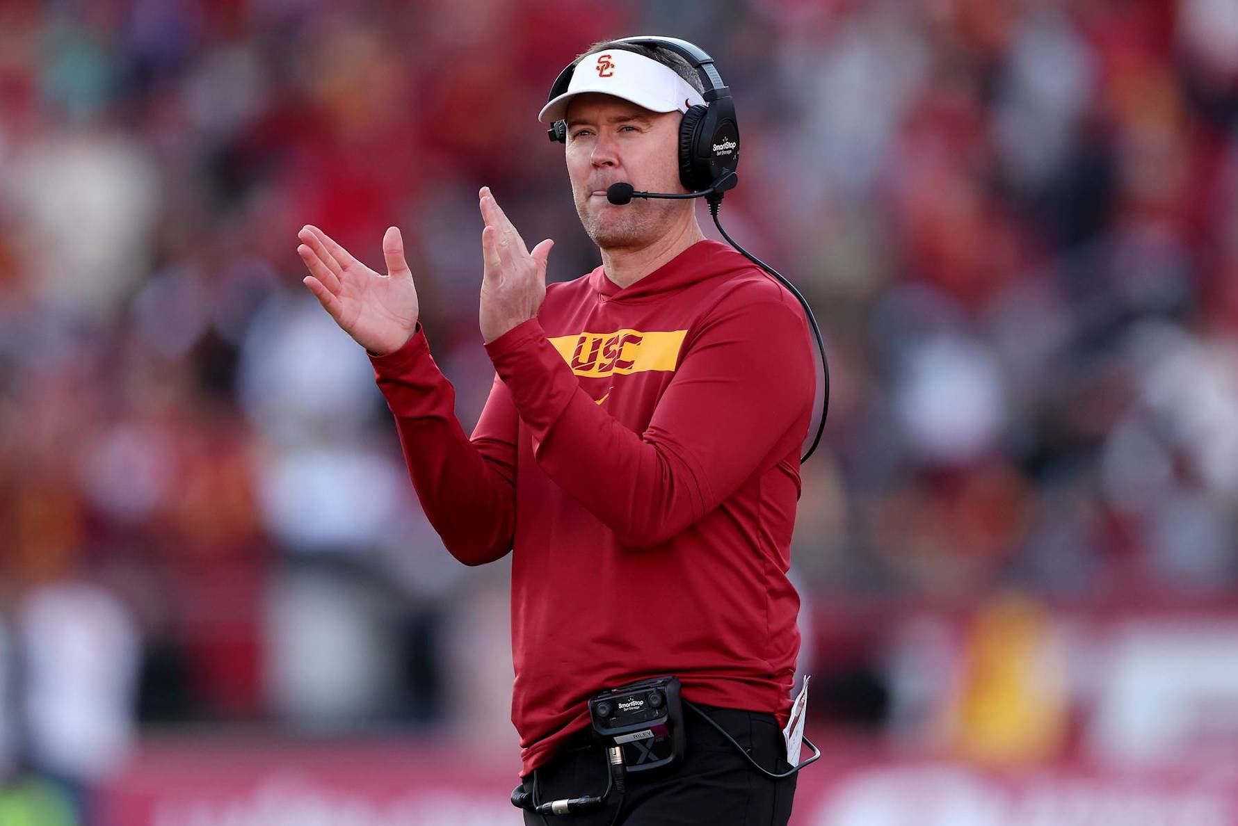 LOS ANGELES, CALIFORNIA - NOVEMBER 16: Head Coach Lincoln Riley of the USC Trojans looks on during the second half of a game against the Nebraska Cornhuskers at United Airlines Field at the Los Angeles Memorial Coliseum on November 16, 2024 in Los Angeles, California.  (Photo by Sean M. Haffey/Getty Images)