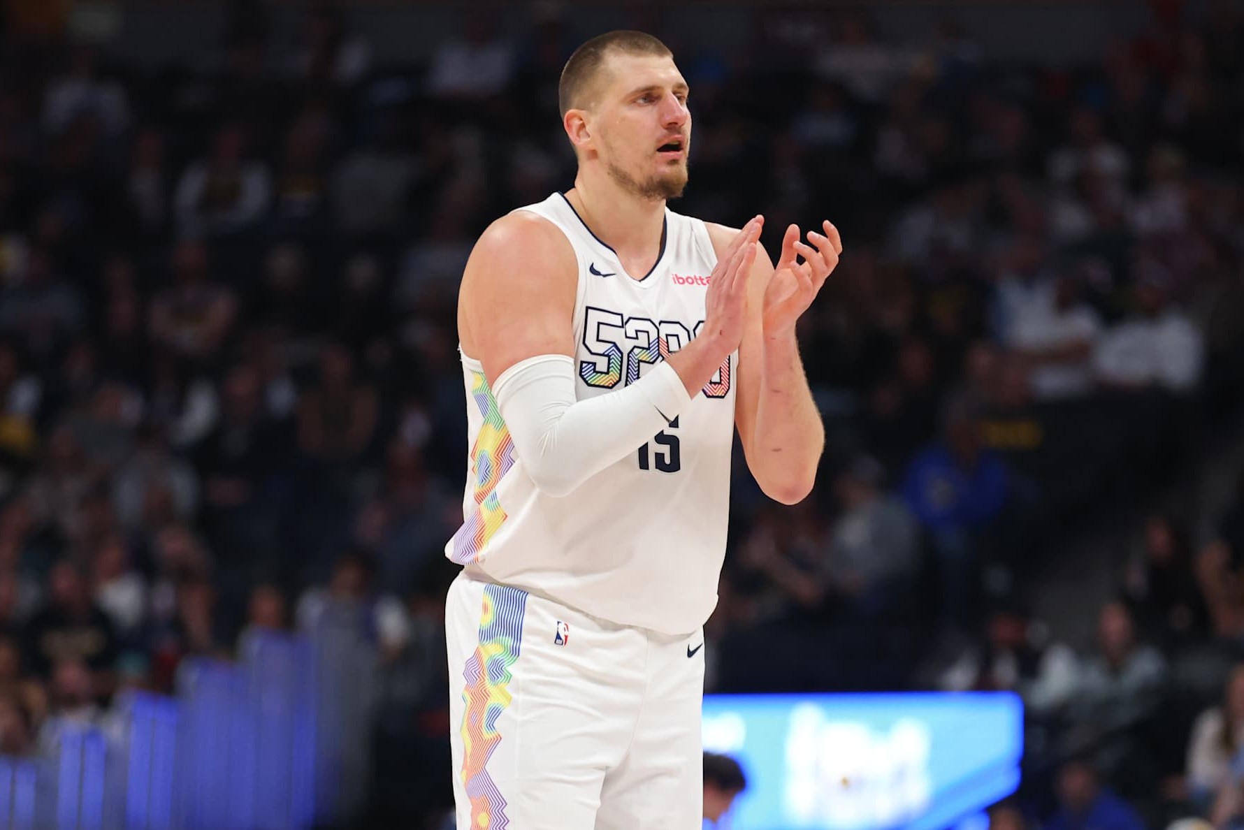 DENVER, COLORADO - JANUARY 21: Nikola Jokic #15 of the Denver Nuggets reacts against the Philadelphia 76ers during the third quarter at Ball Arena on January 21, 2025 in Denver, Colorado. NOTE TO USER: User expressly acknowledges and agrees that, by downloading and or using this photograph, User is consenting to the terms and conditions of the Getty Images License Agreement. (Photo by C. Morgan Engel/Getty Images)