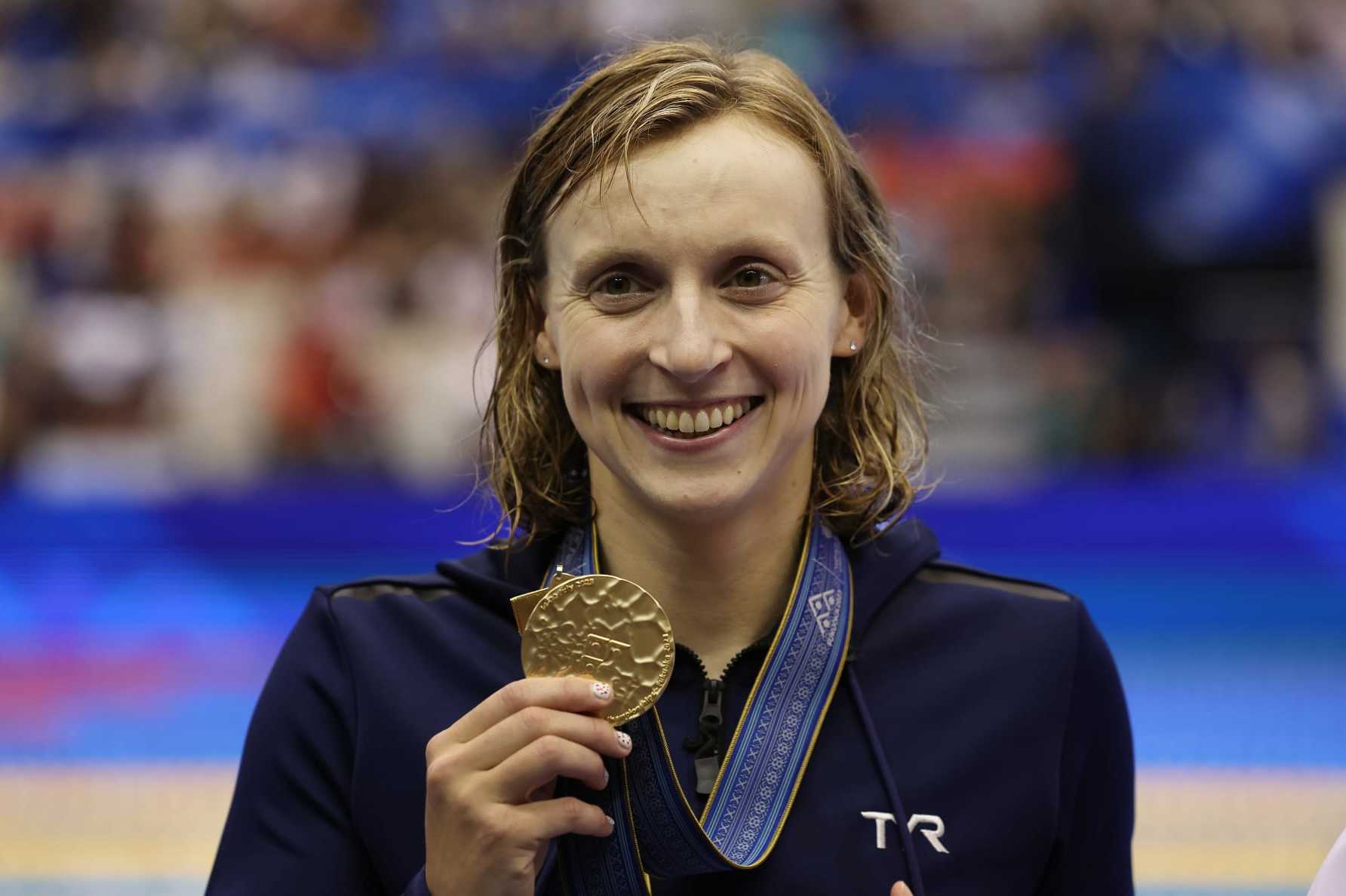 FUKUOKA, JAPAN - JULY 25: Katie Ledecky of United States is seen with her Gold medal after victory in the Women's 1500m Freestyle final on day three of the Fukuoka 2023 World Aquatics Championships at Marine Messe Fukuoka Hall A on July 25, 2023 in Fukuoka, Japan. (Photo by Ian MacNicol/Getty Images)
