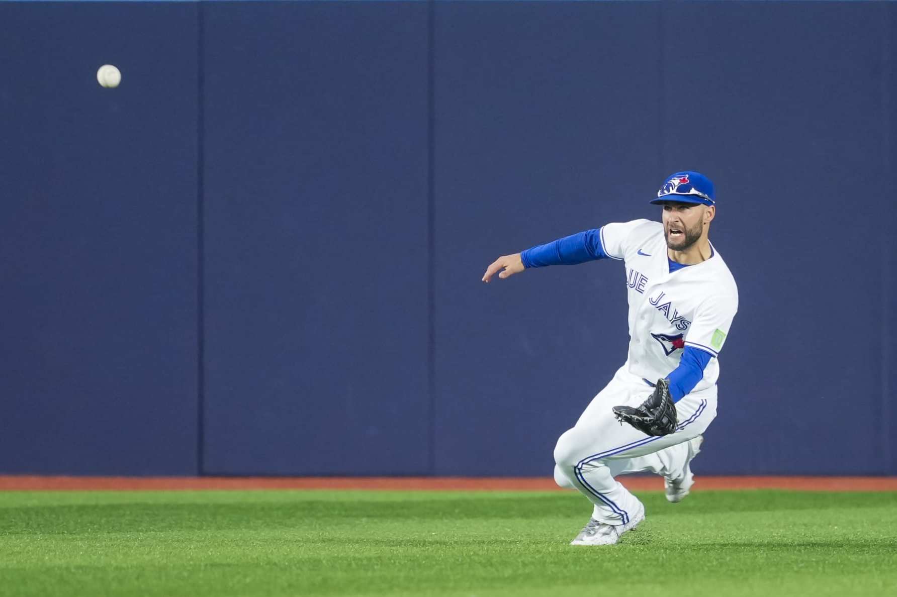 TORONTO, ON - AUGUST 2: Kevin Kiermaier #39 of Toronto Blue Jays dives for a ball against the Baltimore Orioles during the eighth inning in their MLB game at the Rogers Centre on August 2, 2023 in Toronto, Ontario, Canada. (Photo by Mark Blinch/Getty Images)