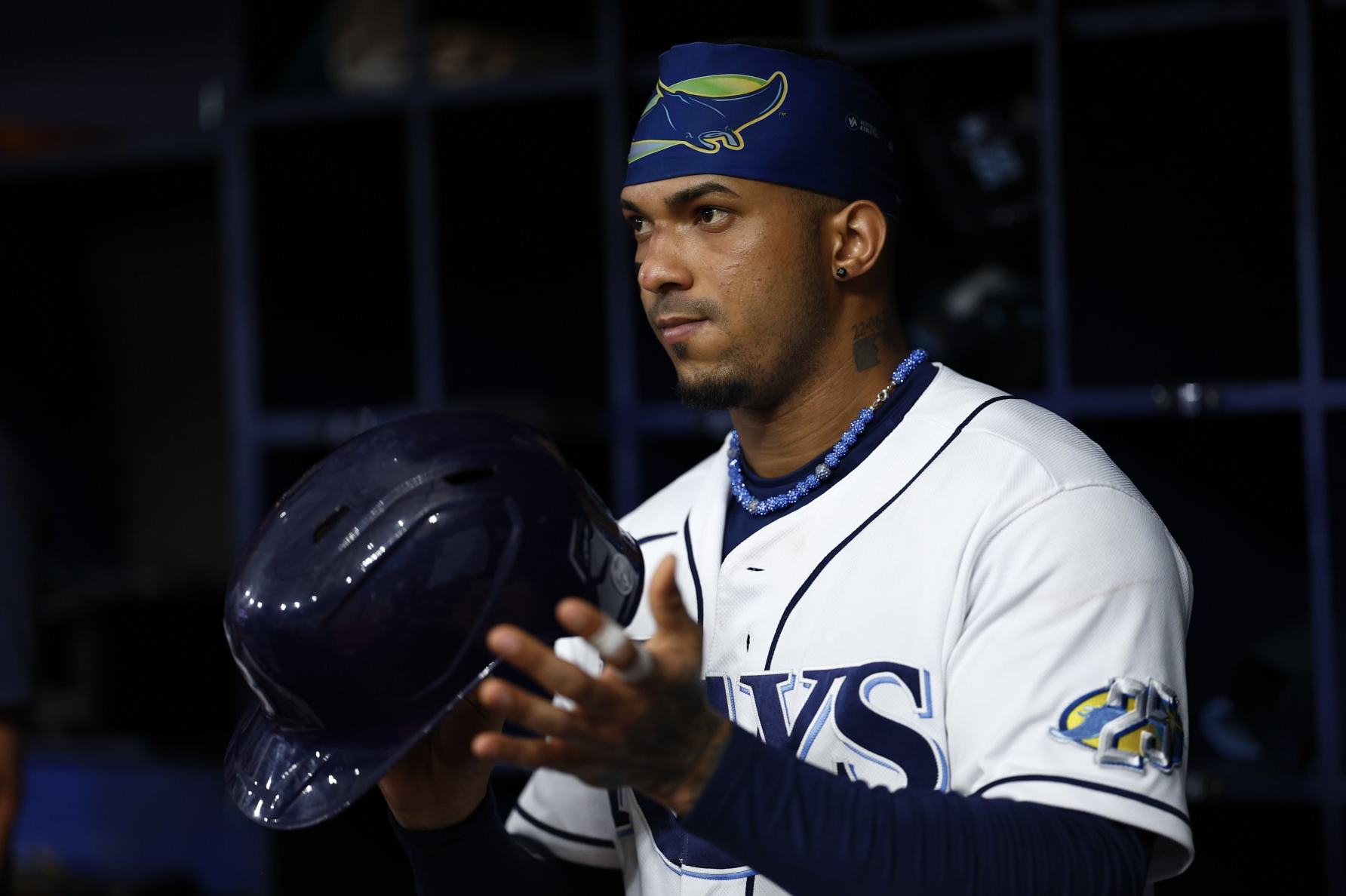 ST PETERSBURG, FLORIDA - AUGUST 12: Wander Franco #5 of the Tampa Bay Rays prepares to bat during the ninth inning against the Cleveland Guardians at Tropicana Field on August 12, 2023 in St Petersburg, Florida. (Photo by Douglas P. DeFelice/Getty Images)