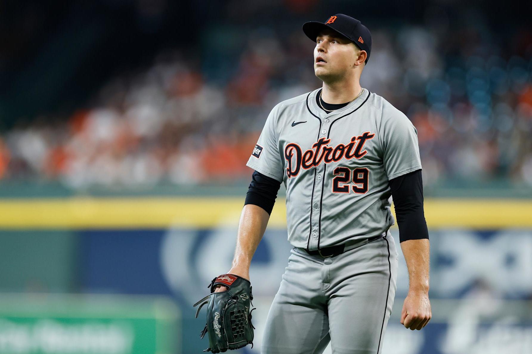 HOUSTON, TEXAS - OCTOBER 01: Tarik Skubal #29 of the Detroit Tigers walks off the field after the second inning against the Houston Astros during Game One of the Wild Card Series at Minute Maid Park on October 01, 2024 in Houston, Texas. (Photo by Tim Warner/Getty Images)
