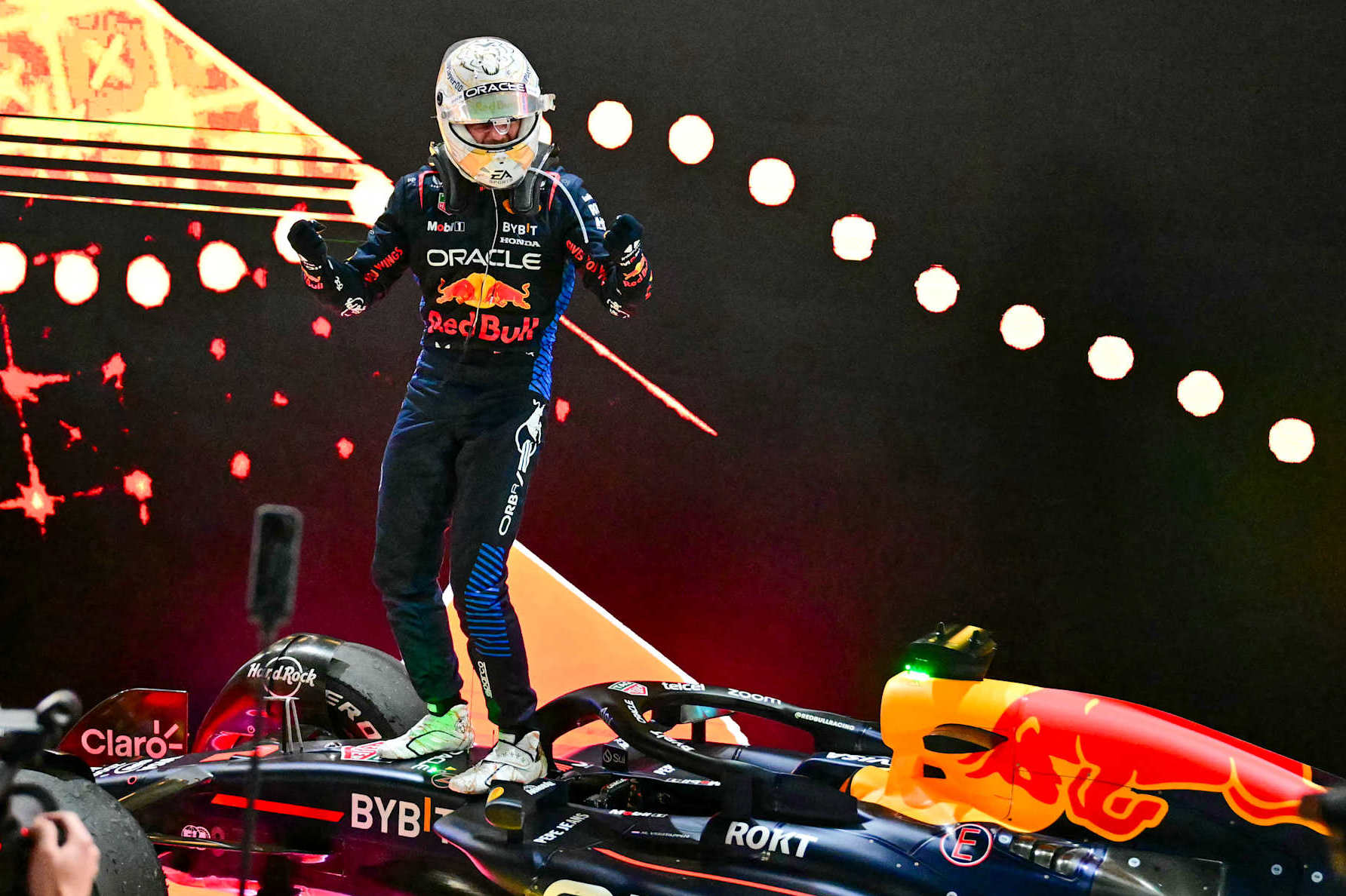 Red Bull Racing's Dutch driver Max Verstappen celebrates after winning the Qatari Formula One Grand Prix at the Lusail International Circuit in Lusail, north of Doha, on December 1, 2024. (Photo by Giuseppe CACACE / AFP) (Photo by GIUSEPPE CACACE/AFP via Getty Images)