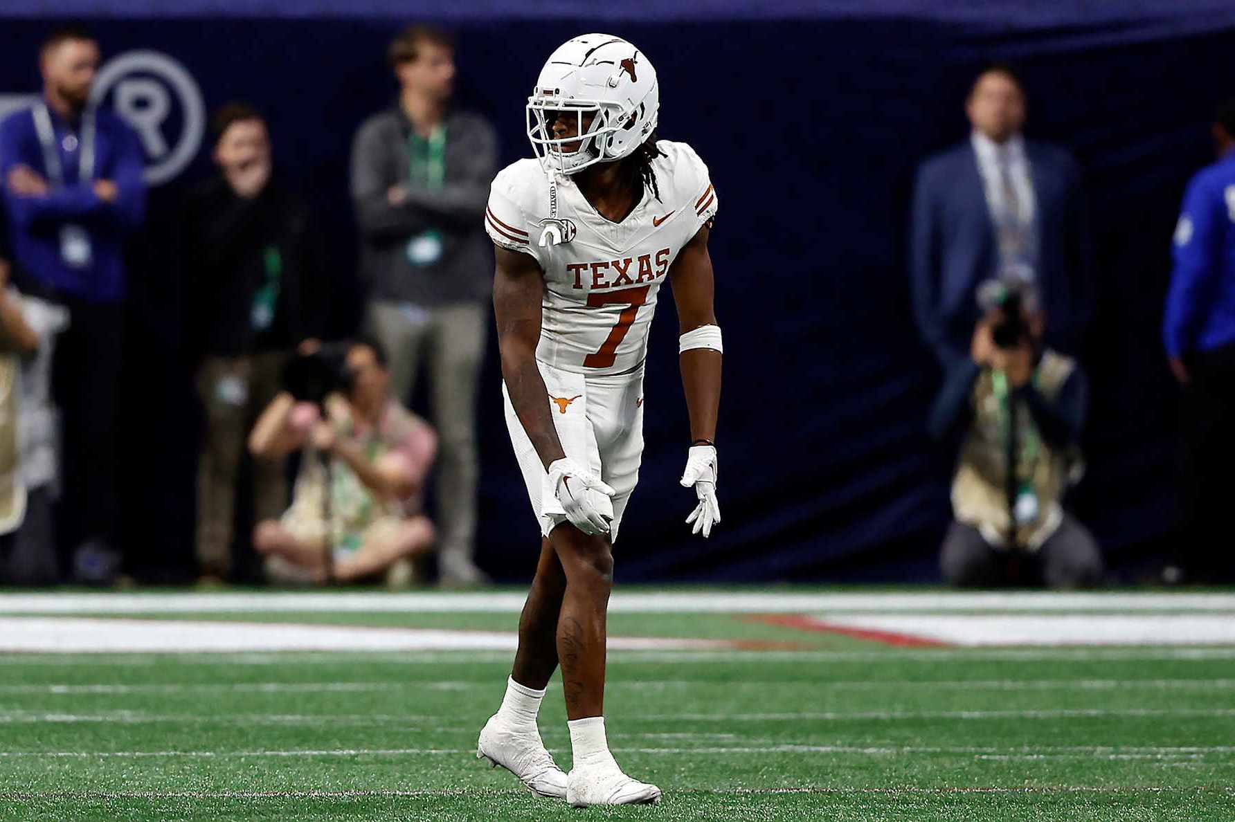 ATLANTA, GEORGIA - DECEMBER 07: Isaiah Bond #7 of the Texas Longhorns waits for the play against the Georgia Bulldogs during the fourth quarter of the 2024 SEC Championship at Mercedes-Benz Stadium on December 07, 2024 in Atlanta, Georgia. (Photo by Butch Dill/Getty Images)