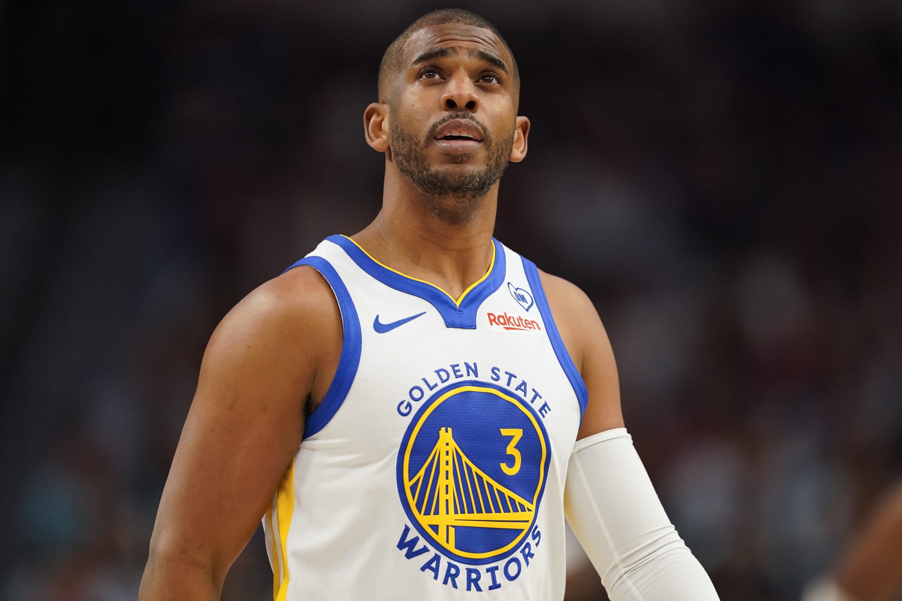 DALLAS, TEXAS - APRIL 05: Chris Paul #3 of the Golden State Warriors looks on during the first half against the Dallas Mavericks at American Airlines Center on April 05, 2024 in Dallas, Texas. NOTE TO USER: User expressly acknowledges and agrees that, by downloading and or using this photograph, User is consenting to the terms and conditions of the Getty Images License Agreement. (Photo by Sam Hodde/Getty Images)