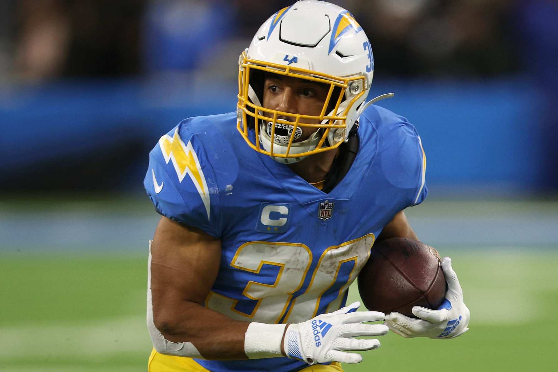 INGLEWOOD, CALIFORNIA - DECEMBER 11: Austin Ekeler #30 of the Los Angeles Chargers runs after his catch during a 23-17 win over the Miami Dolphins at SoFi Stadium on December 11, 2022 in Inglewood, California. (Photo by Harry How/Getty Images) INGLEWOOD, CALIFORNIA - DECEMBER 11: Austin Ekeler #30 of the Los Angeles Chargers runs after his catch during a 23-17 win over the Miami Dolphins at SoFi Stadium on December 11, 2022 in Inglewood, California. (Photo by Harry How/Getty Images)