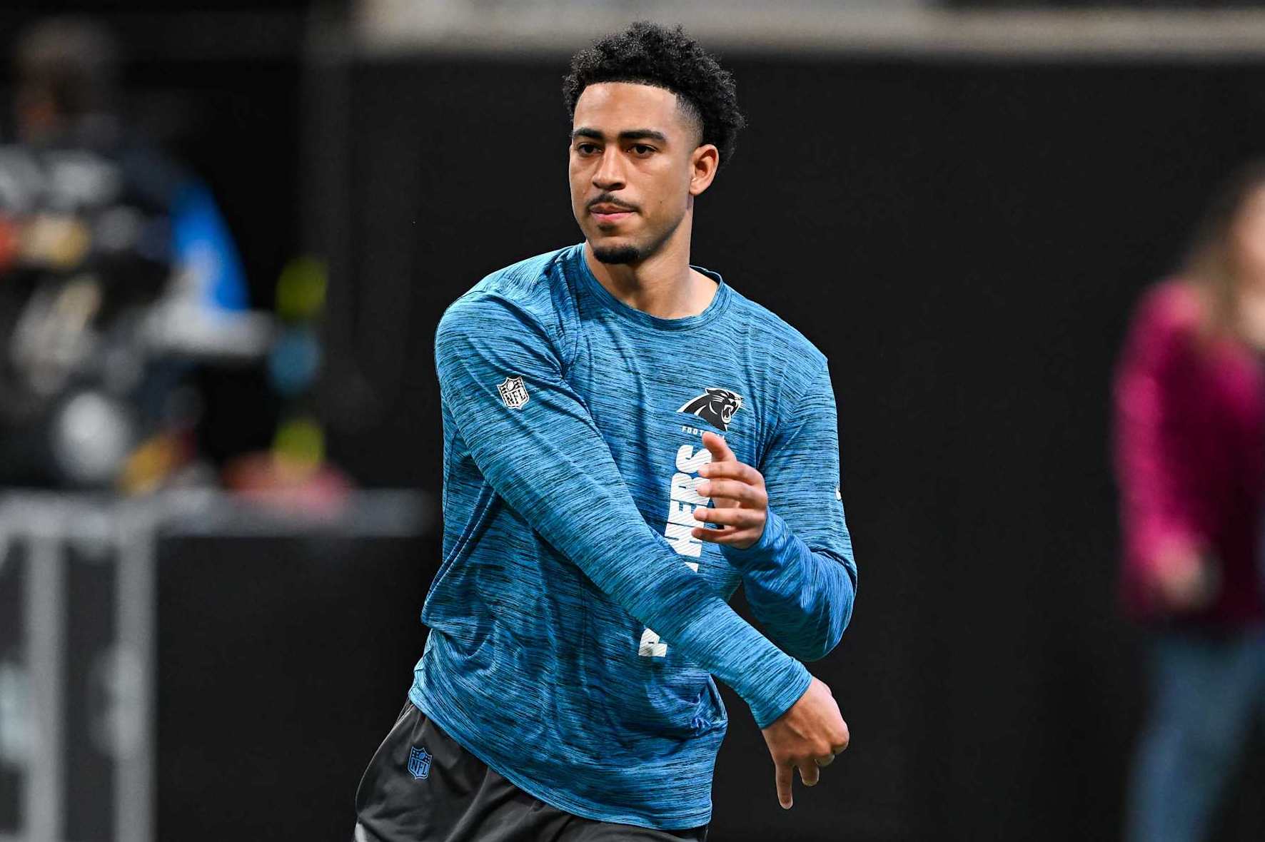 ATLANTA, GA JANUARY 05: Carolina quarterback Bryce Young (9) warms up prior to the start of the NFL game between the Carolina Panthers and the Atlanta Falcons on January 5th, 2025 at Mercedes-Benz Stadium in Atlanta, GA. (Photo by Rich von Biberstein/Icon Sportswire via Getty Images)