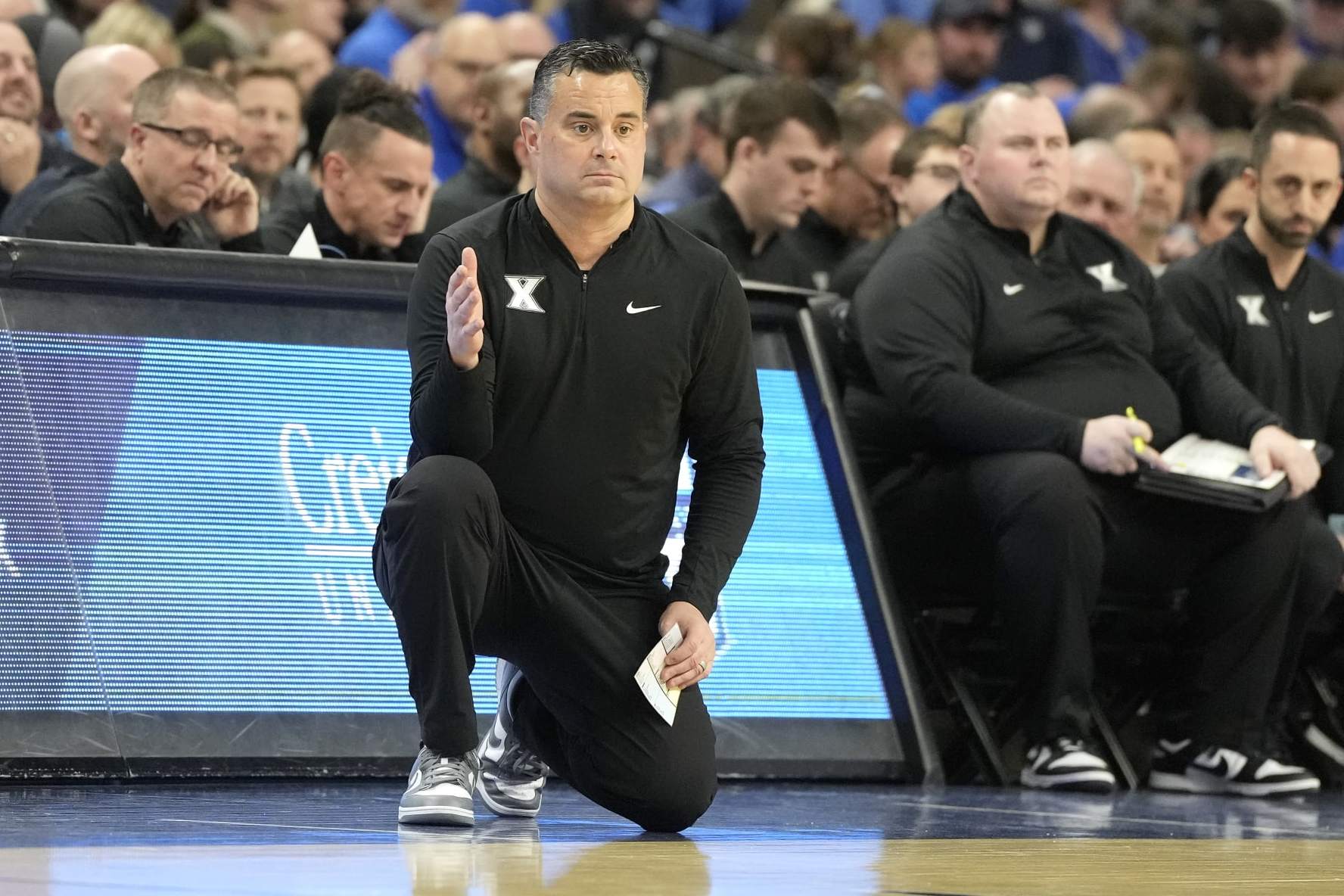 OMAHA, NE - JANUARY 23: Head coach Sean Miller of the Xavier Musketeers signals to his players during a college basketball game against the Creighton Bluejays at the CHI Health Center on January 23, 2024 in Omaha, Nebraska. (Photo by Mitchell Layton/Getty Images)
