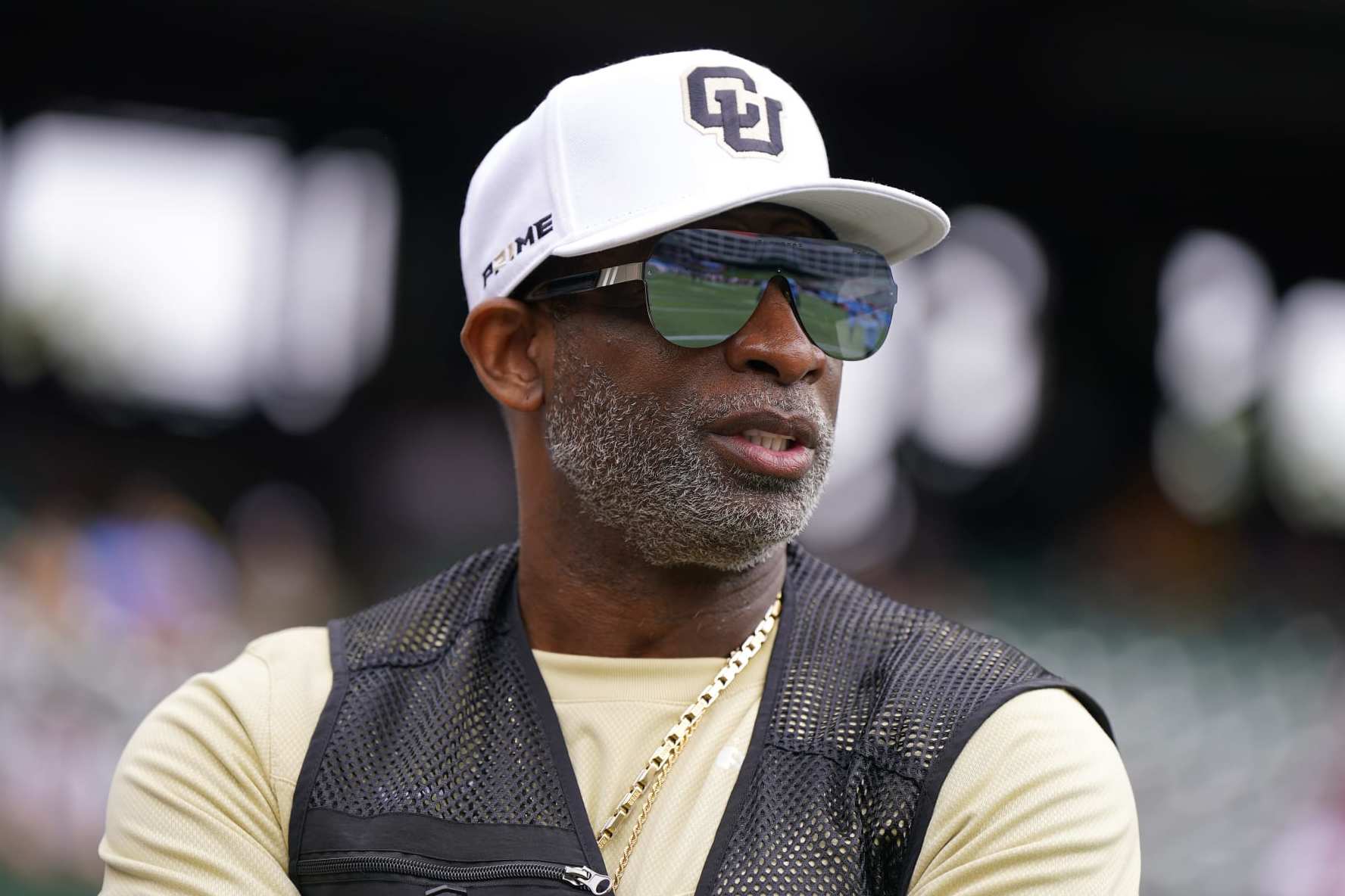 ARLINGTON, TEXAS - MARCH 30: Former NFL player and Colorado Buffalos head coach Deion Sanders looks on prior to a game between the Arlington Renegades and Birmingham Stallions at Choctaw Stadium on March 30, 2024 in Arlington, Texas. (Photo by Sam Hodde/UFL/Getty Images)