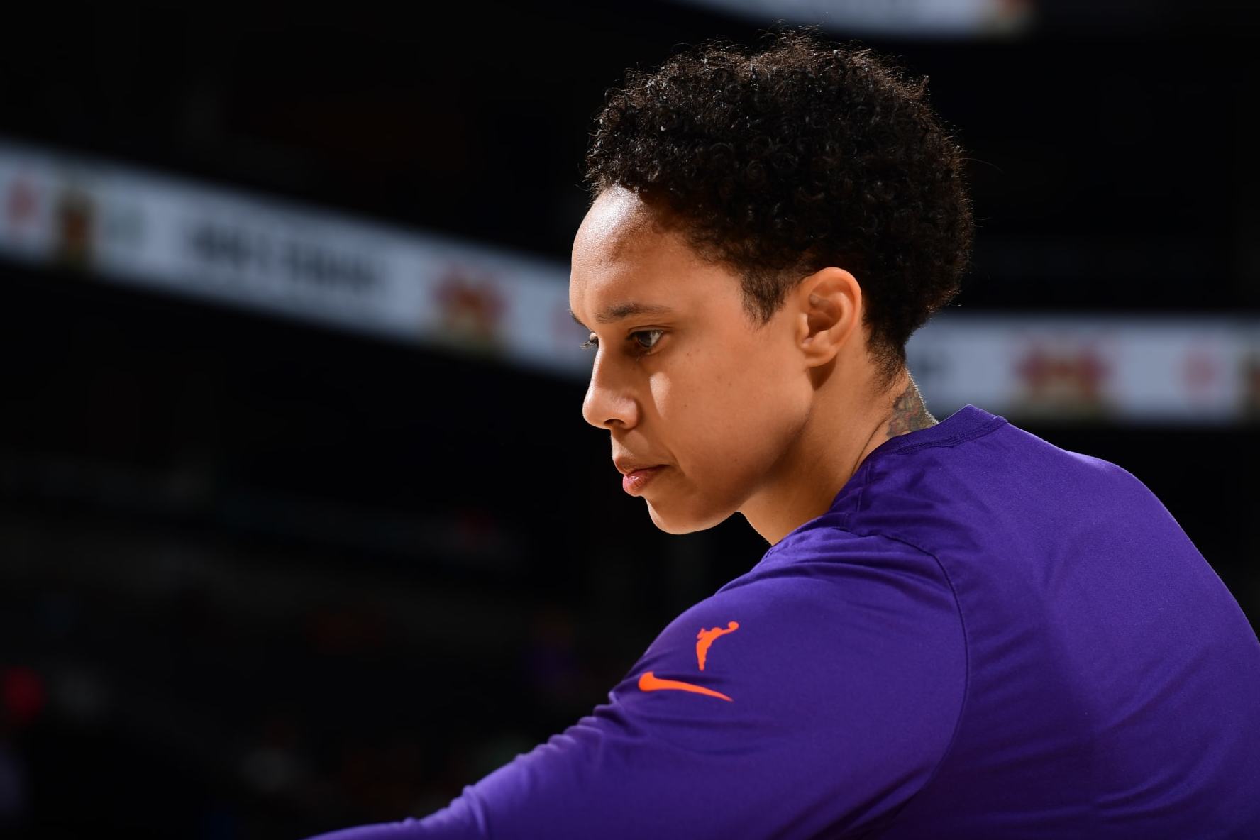 PHOENIX, AZ - SEPTEMBER 5: Brittney Griner #42 of the Phoenix Mercury looks on before the game against the Washington Mystics on September 5, 2023 at Footprint Center in Phoenix, Arizona. NOTE TO USER: User expressly acknowledges and agrees that, by downloading and or using this photograph, user is consenting to the terms and conditions of the Getty Images License Agreement. Mandatory Copyright Notice: Copyright 2023 NBAE (Photo by Kate Frese/NBAE via Getty Images)