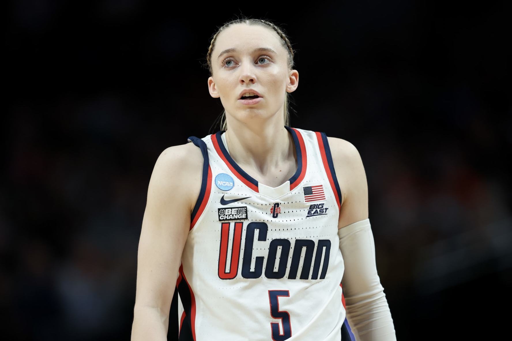 PORTLAND, OREGON - MARCH 30: Paige Bueckers #5 of the Connecticut Huskies looks on during the second half against the Duke Blue Devilsin the Sweet 16 round of the NCAA Women's Basketball Tournament at Moda Center on March 30, 2024 in Portland, Oregon. (Photo by Steph Chambers/Getty Images)