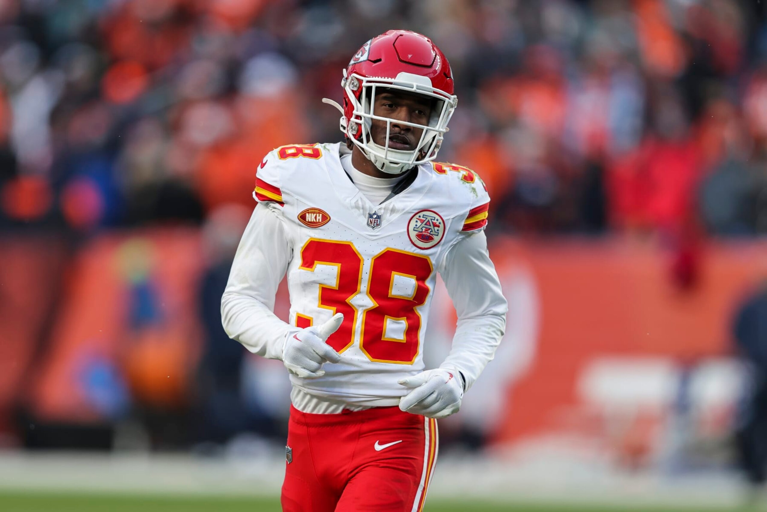 DENVER, COLORADO - OCTOBER 29: L'Jarius Sneed #38 of the Kansas City Chiefs runs during an NFL football game between the Denver Broncos and the Kansas City Chiefs at Empower Field At Mile High on October 29, 2023 in Denver, Colorado. (Photo by Michael Owens/Getty Images)