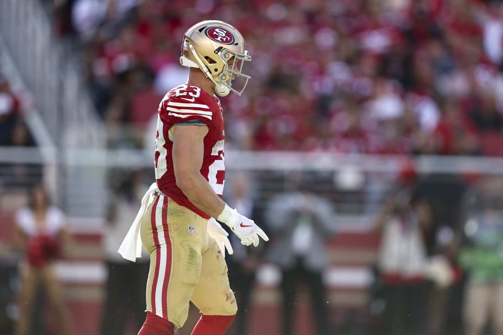 SANTA CLARA, CALIFORNIA - OCTOBER 01: Christian McCaffrey #23 of the San Francisco 49ers looks on during an NFL football game between the San Francisco 49ers and the Arizona Cardinals at Levi's Stadium on October 01, 2023 in Santa Clara, California. (Photo by Michael Owens/Getty Images)