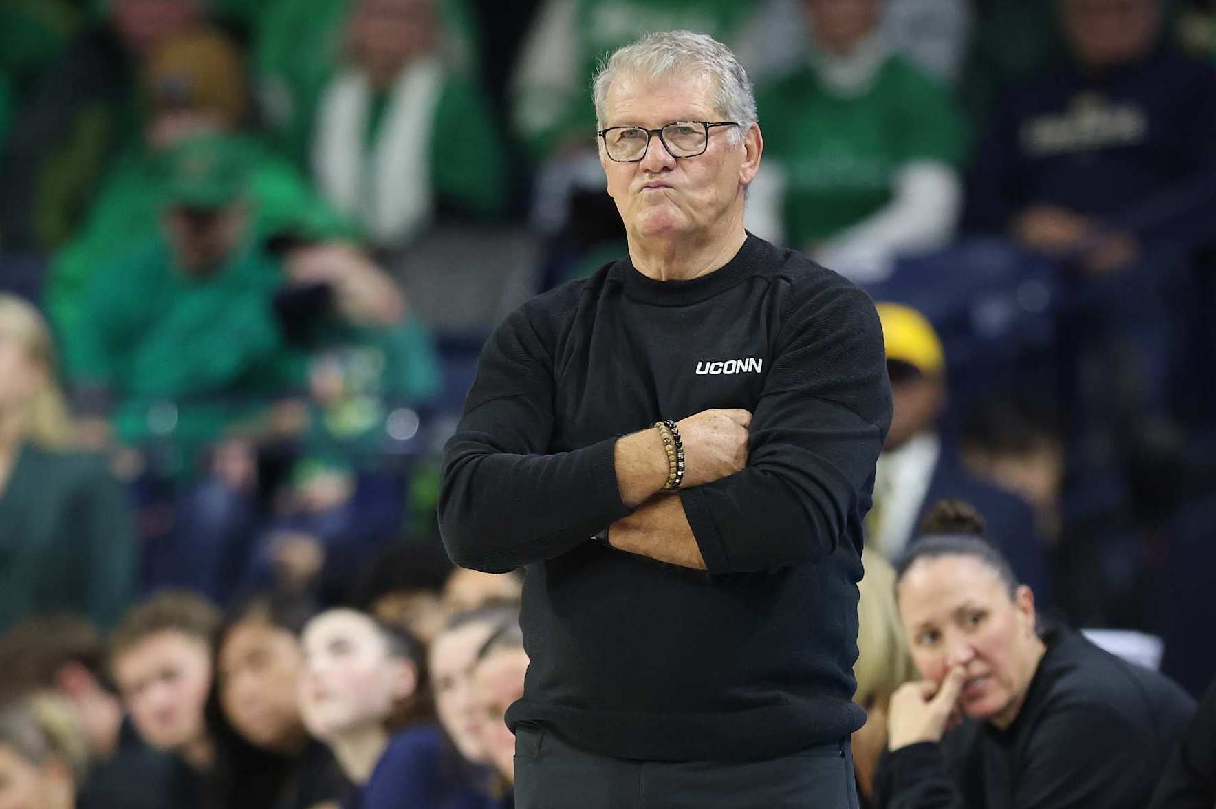 SOUTH BEND, INDIANA - DECEMBER 12: Head coach Geno Auriemma of the UConn Huskies reacts against the Notre Dame Fighting Irish during the second half at Purcell Pavilion at the Joyce Center on December 12, 2024 in South Bend, Indiana. (Photo by Michael Reaves/Getty Images)