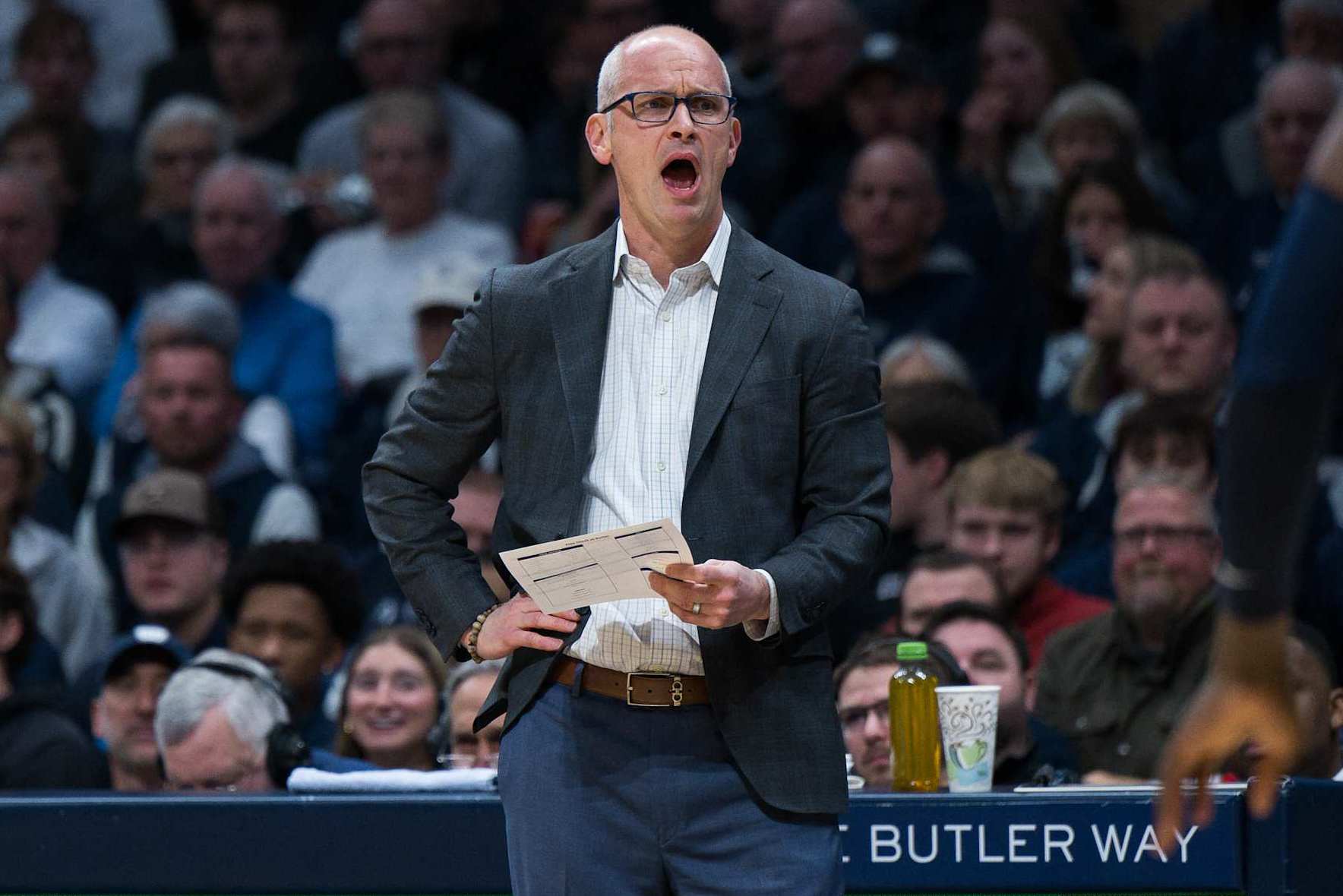 INDIANAPOLIS, IN - DECEMBER 21: UConn Huskies head coach Dan Hurley on the sidelines during the men's college basketball game between the Butler Bulldogs and UConn Huskies on December 21, 2024, at Hinkle Fieldhouse in Indianapolis, IN. (Photo by Zach Bolinger/Icon Sportswire via Getty Images)