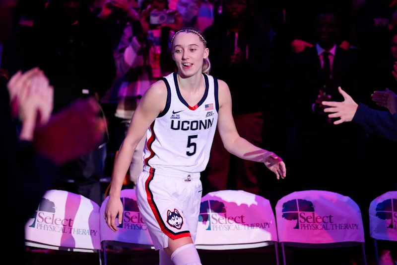 STORRS, CONNECTICUT - NOVEMBER 10: Paige Bueckers #5 of the Connecticut Huskies is introduced before an NCAA women's basketball game at the Harry A. Gampel Pavilion on November 10, 2024 in Storrs, Connecticut. (Photo by Joe Buglewicz/Getty Images)