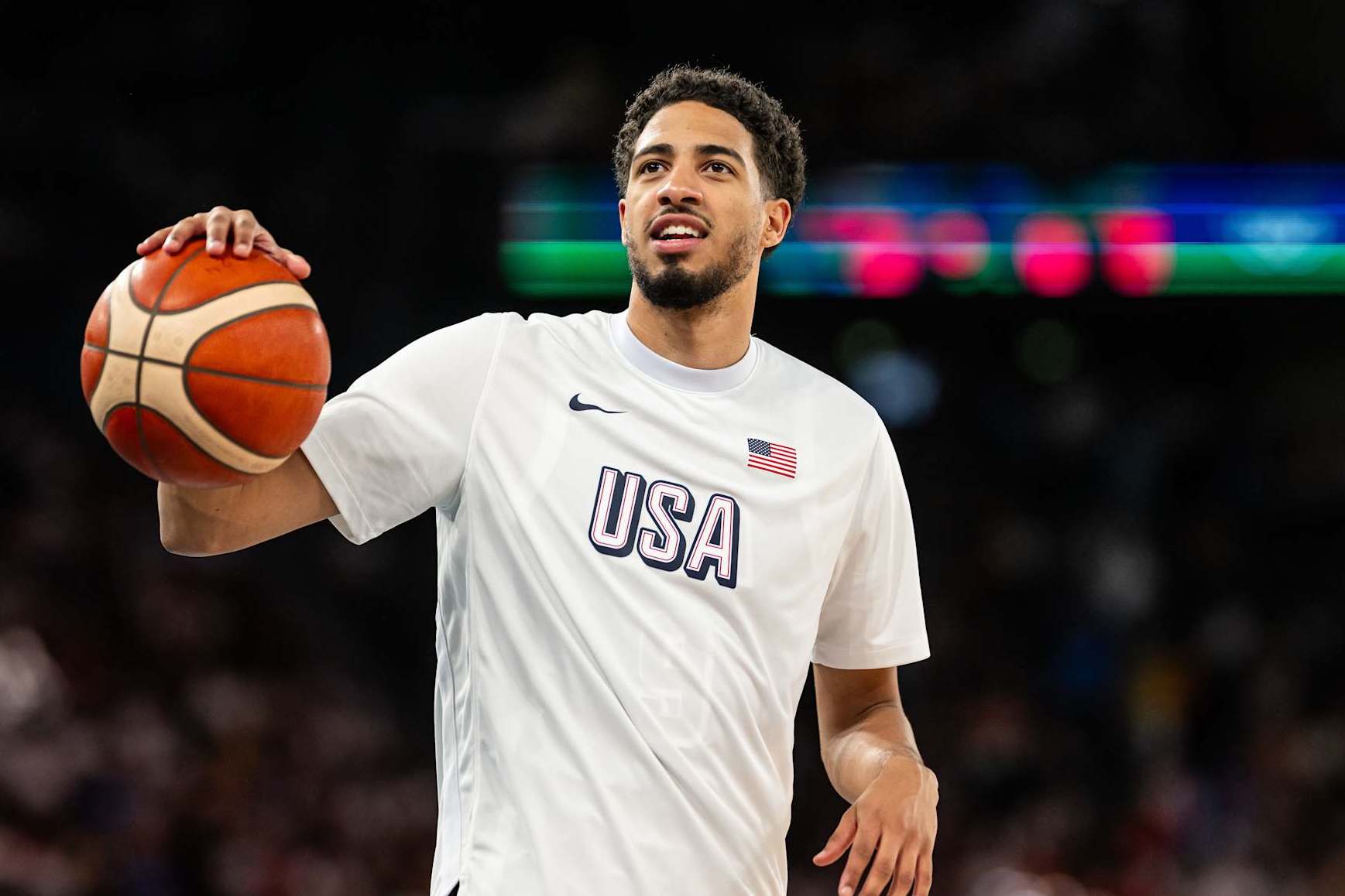 PARIS, FRANCE - AUGUST 06: Tyrese Haliburton of USA warms up during the quarterfinal between USA and Brazil  on day eleven of the Olympic Games Paris 2024 at Bercy Arena on August 06, 2024 in Paris, France. (Photo by Marvin Ibo Guengoer - GES Sportfoto/Getty Images)