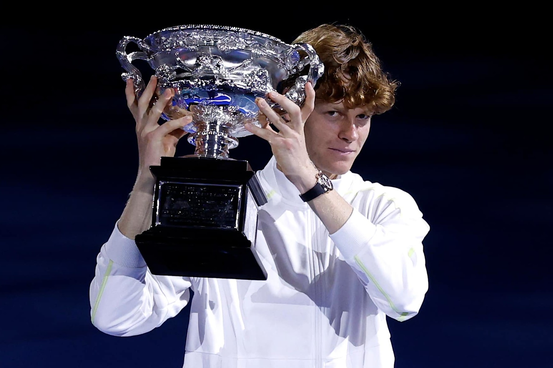 MELBOURNE, AUSTRALIA - JANUARY 26: Jannik Sinner of Italy
is presented the Norman Brookes Challenge Cup at the Men's Singles trophy presentation following the Men's Singles final against Alexander Zverev of Germany during day 15 of the 2025 Australian Open at Melbourne Park on January 26, 2025 in Melbourne, Australia. (Photo by Darrian Traynor/Getty Images)