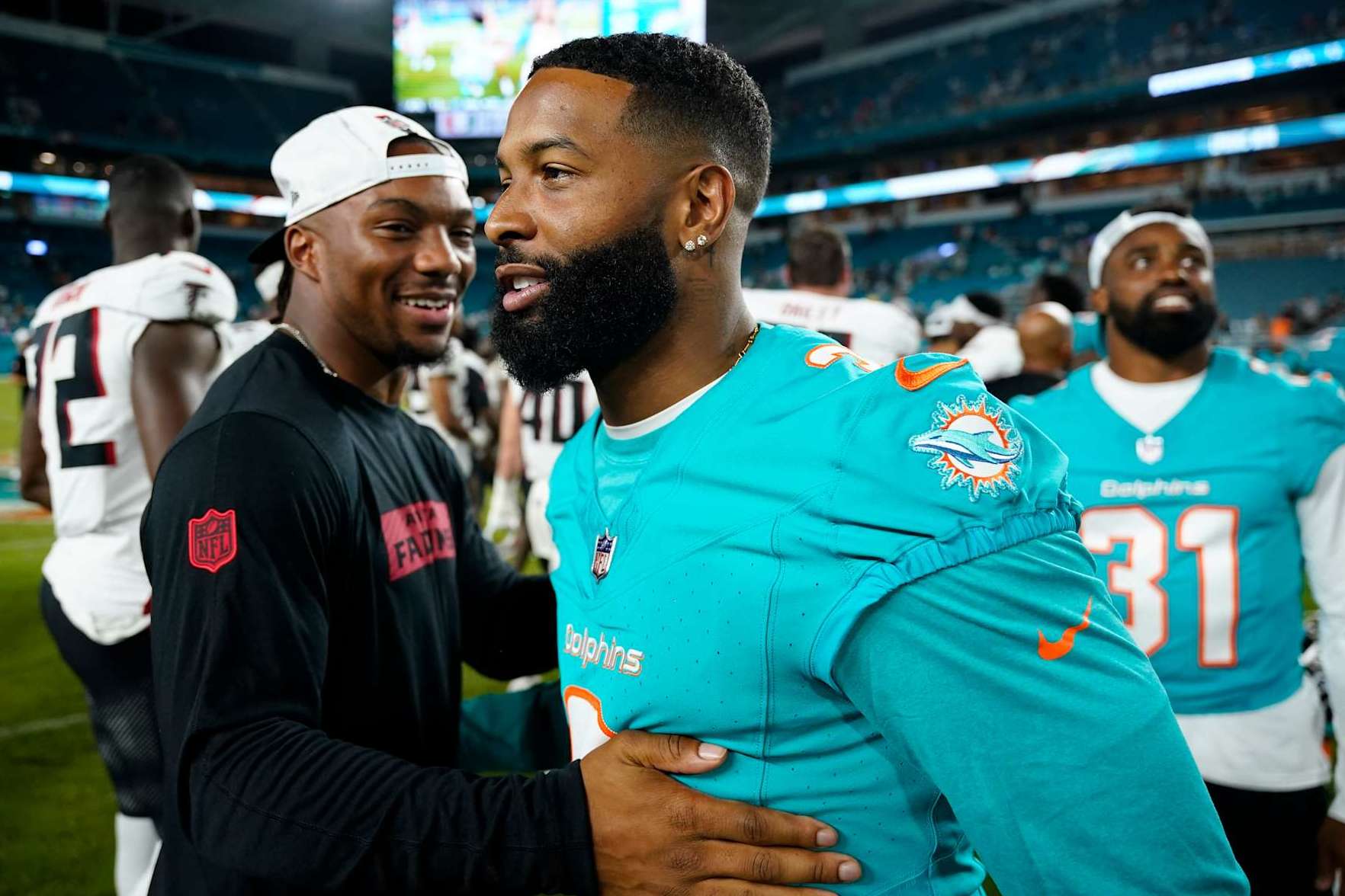 MIAMI GARDENS, FLORIDA - AUGUST 09: Odell Beckham Jr. #3 of the Miami Dolphins looks on at the end of a preseason game against the Atlanta Falcons at Hard Rock Stadium on August 09, 2024 in Miami Gardens, Florida. (Photo by Rich Storry/Getty Images)