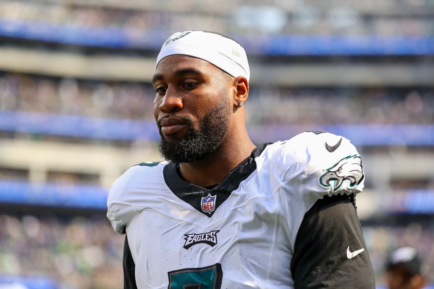 INGLEWOOD, CA - OCTOBER 08: Philadelphia Eagles linebacker Haason Reddick (7) walks off of the field during the NFL game between the Philadelphia Eagles and the Los Angeles Rams on October 08, 2023, at SoFi Stadium in Inglewood, CA.(Photo by Jordon Kelly/Icon Sportswire via Getty Images)