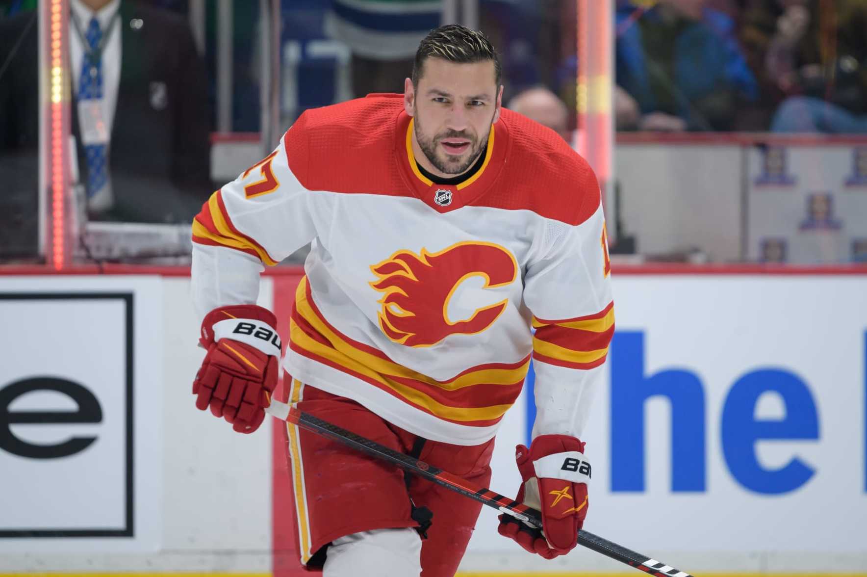 VANCOUVER, CANADA - APRIL 8: Milan Lucic #17 of the Calgary Flames skates up ice during warm-up prior to their NHL game against the Vancouver Canucks at Rogers Arena on April 8, 2023 in Vancouver, British Columbia, Canada. (Photo by Derek Cain/Getty Images)