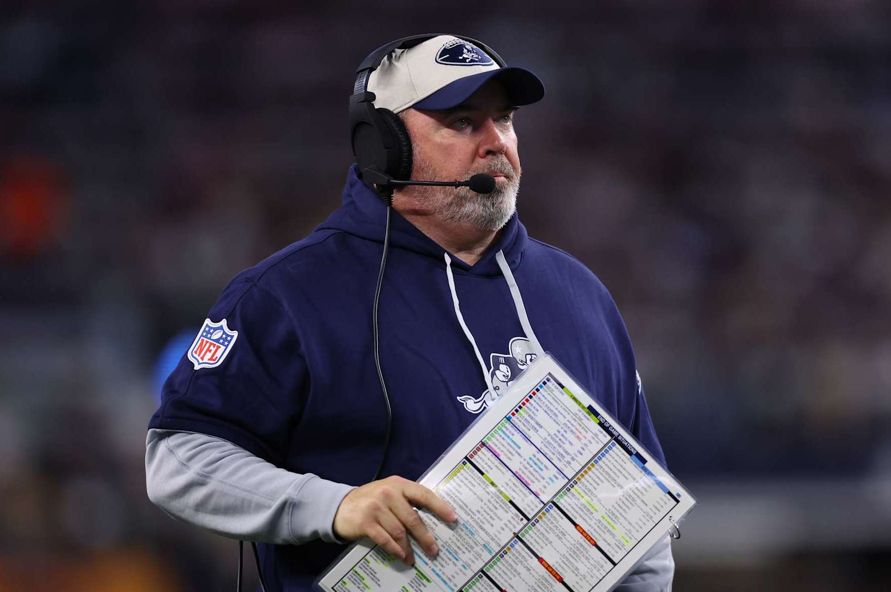 ARLINGTON, TEXAS - NOVEMBER 28: Head coach Mike McCarthy of the Dallas Cowboys looks on during the second quarter against the New York Giants at AT&T Stadium on November 28, 2024 in Arlington, Texas. (Photo by Sam Hodde/Getty Images)