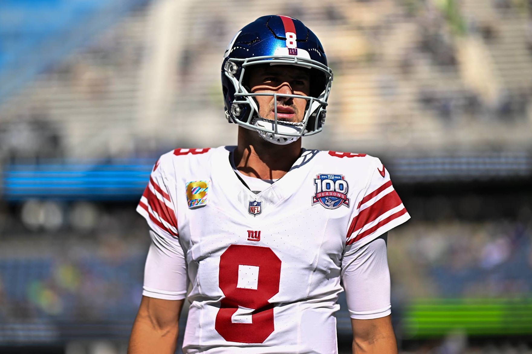 SEATTLE, WASHINGTON - OCTOBER 06: Daniel Jones #8 of the New York Giants looks on before the game against the Seattle Seahawks at Lumen Field on October 06, 2024 in Seattle, Washington. The New York Giants won 29-20. (Photo by Alika Jenner/Getty Images)