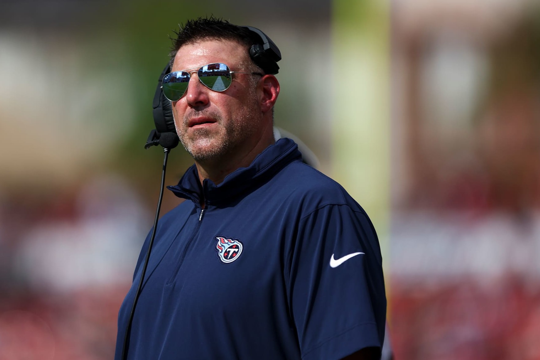 TAMPA, FL - NOVEMBER 12: Head coach Mike Vrabel of the Tennessee Titans looks on during an NFL football game against the Tampa Bay Buccaneers at Raymond James Stadium on November 12, 2023 in Tampa, Florida. (Photo by Kevin Sabitus/Getty Images)