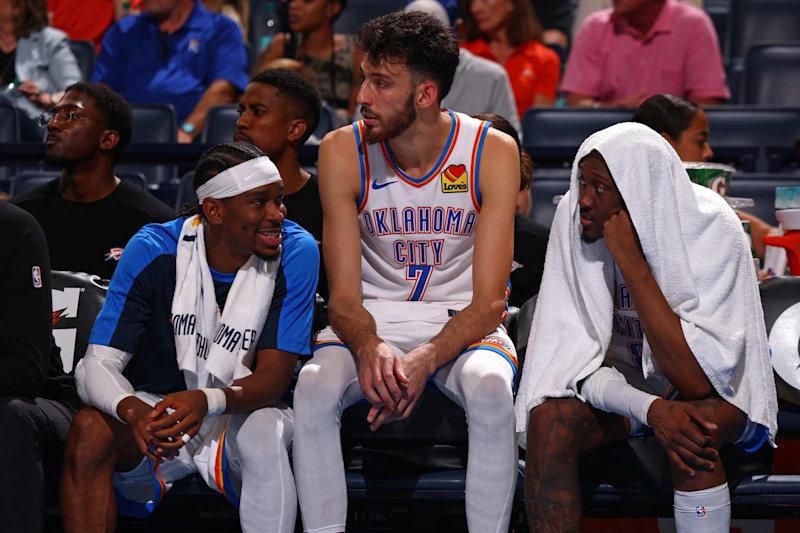 OKLAHOMA CITY, OK - OCTOBER 9: Shai Gilgeous-Alexander #2, Chet Holmgren #7, and Jalen Williams #8 of the Oklahoma City Thunder talk during the game against the Houston Rockets during a NBA pre season game on October 9, 2024 at Paycom Center in Oklahoma City, Oklahoma. NOTE TO USER: User expressly acknowledges and agrees that, by downloading and or using this photograph, User is consenting to the terms and conditions of the Getty Images License Agreement. Mandatory Copyright Notice: Copyright 2024 NBAE (Photo by Zach Beeker/NBAE via Getty Images)
