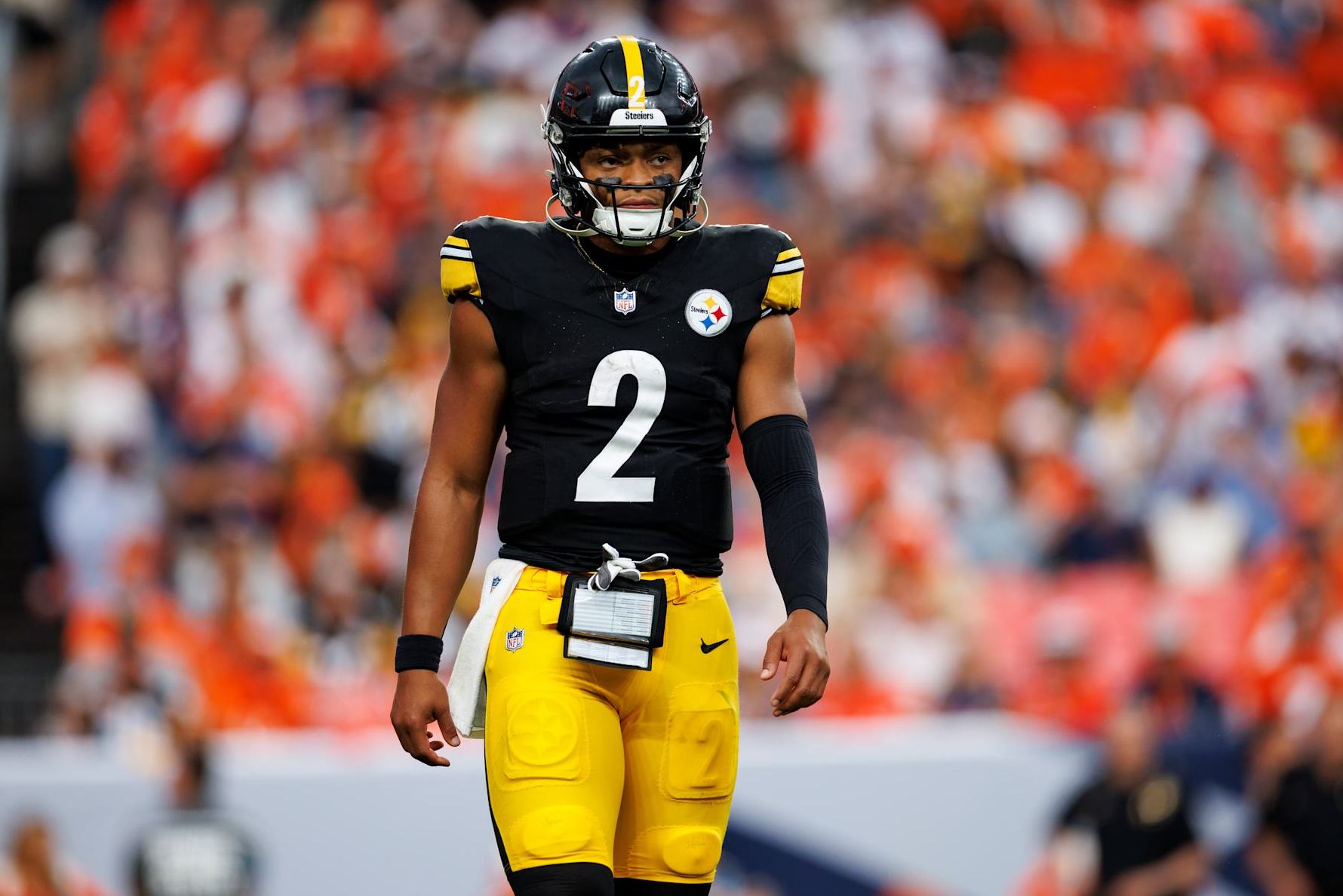 DENVER, CO - SEPTEMBER 15: Quarterback Justin Fields #2 of the Pittsburgh Steelers stands on the field during the fourth quarter of an NFL football game against the Denver Broncos, at Empower Field at Mile High on September 15, 2024 in Denver, Colorado. (Photo by Brooke Sutton/Getty Images)