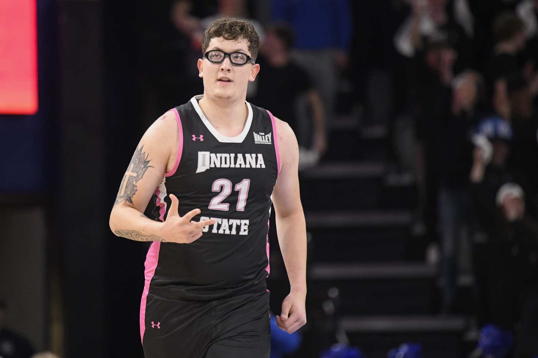 TERRE HAUTE, IN - FEBRUARY 03: Indiana State Sycamores Center Robbie Avila (21) reacts during the college basketball game between the Drake Bulldogs and the Indiana State Sycamores on February 3, 2024, at the Hulman Center in Terre Haute, Indiana. (Photo by Michael Allio/Icon Sportswire via Getty Images)