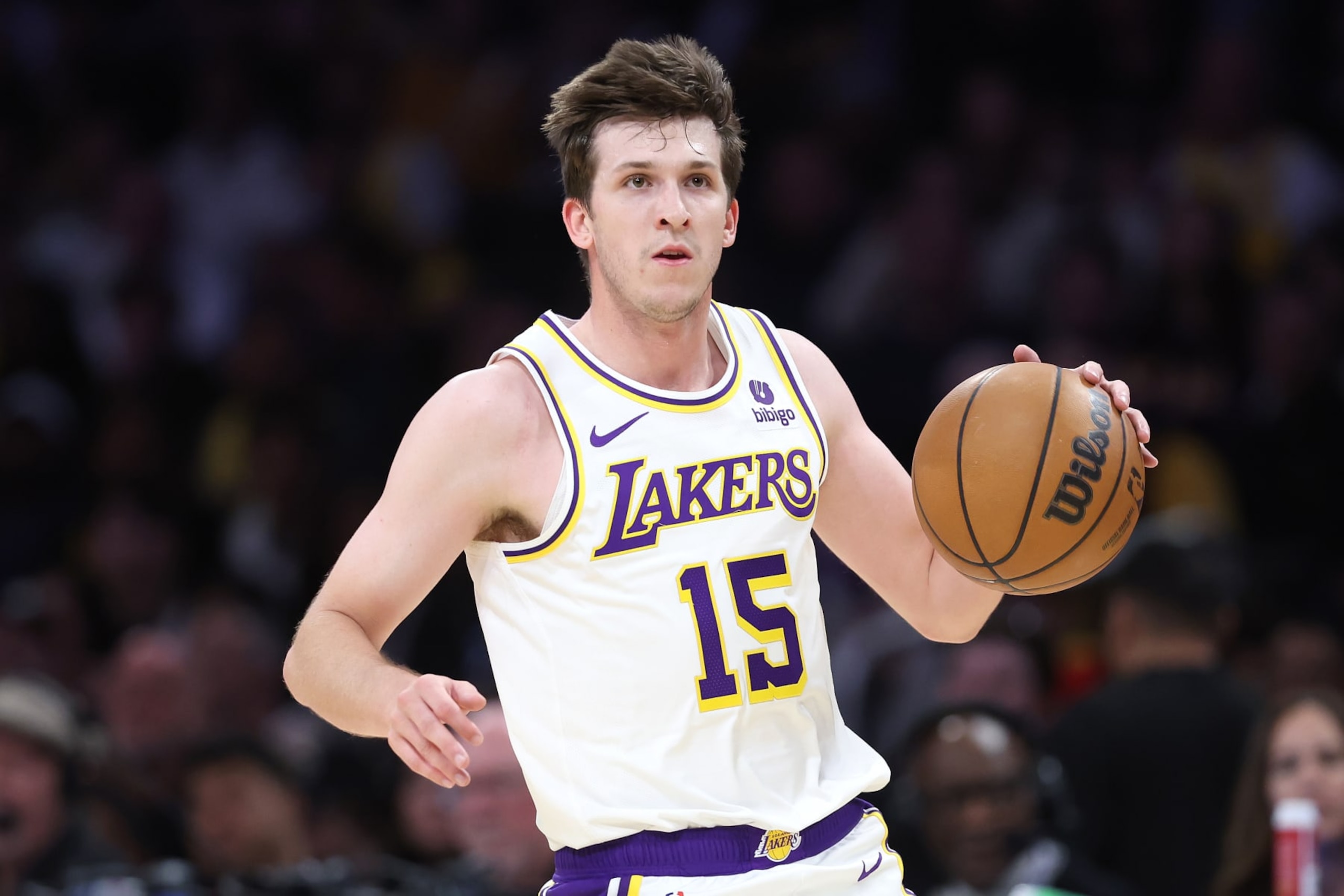 LOS ANGELES, CALIFORNIA - MARCH 16: Austin Reaves #15 of the Los Angeles Lakers dribbles up court during the first half of a game against the Golden State Warriors at Crypto.com Arena on March 16, 2024 in Los Angeles, California. NOTE TO USER: User expressly acknowledges and agrees that, by downloading and or using this photograph, User is consenting to the terms and conditions of the Getty Images License Agreement. (Photo by Sean M. Haffey/Getty Images) LOS ANGELES, CALIFORNIA - MARCH 16: Austin Reaves #15 of the Los Angeles Lakers dribbles up court during the first half of a game against the Golden State Warriors at Crypto.com Arena on March 16, 2024 in Los Angeles, California. NOTE TO USER: User expressly acknowledges and agrees that, by downloading and or using this photograph, User is consenting to the terms and conditions of the Getty Images License Agreement. (Photo by Sean M. Haffey/Getty Images)