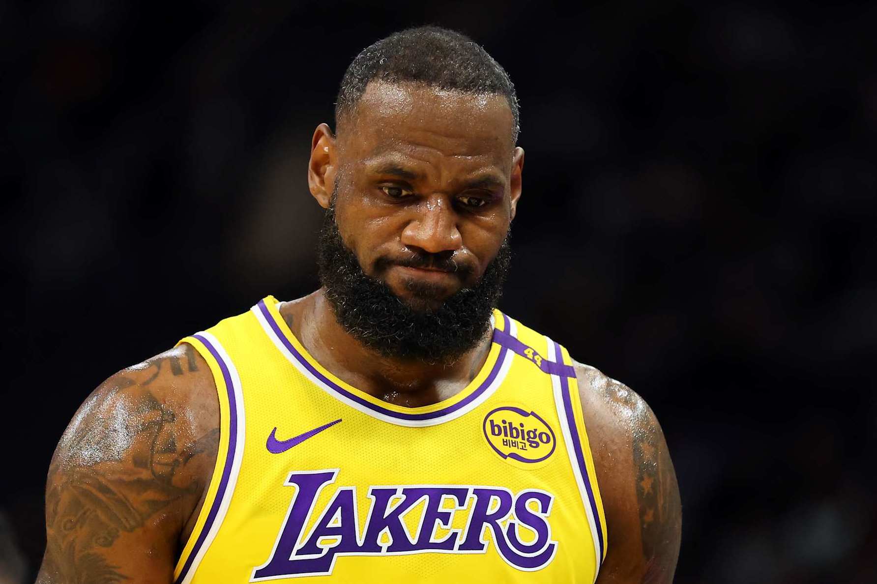 MILWAUKEE, WISCONSIN - OCTOBER 10: LeBron James #23 of the Los Angeles Lakers walks backcourt during a preseason game against the Milwaukee Bucks at Fiserv Forum on October 10, 2024 in Milwaukee, Wisconsin.  NOTE TO USER: User expressly acknowledges and agrees that, by downloading and or using this photograph, User is consenting to the terms and conditions of the Getty Images License Agreement. (Photo by Stacy Revere/Getty Images)