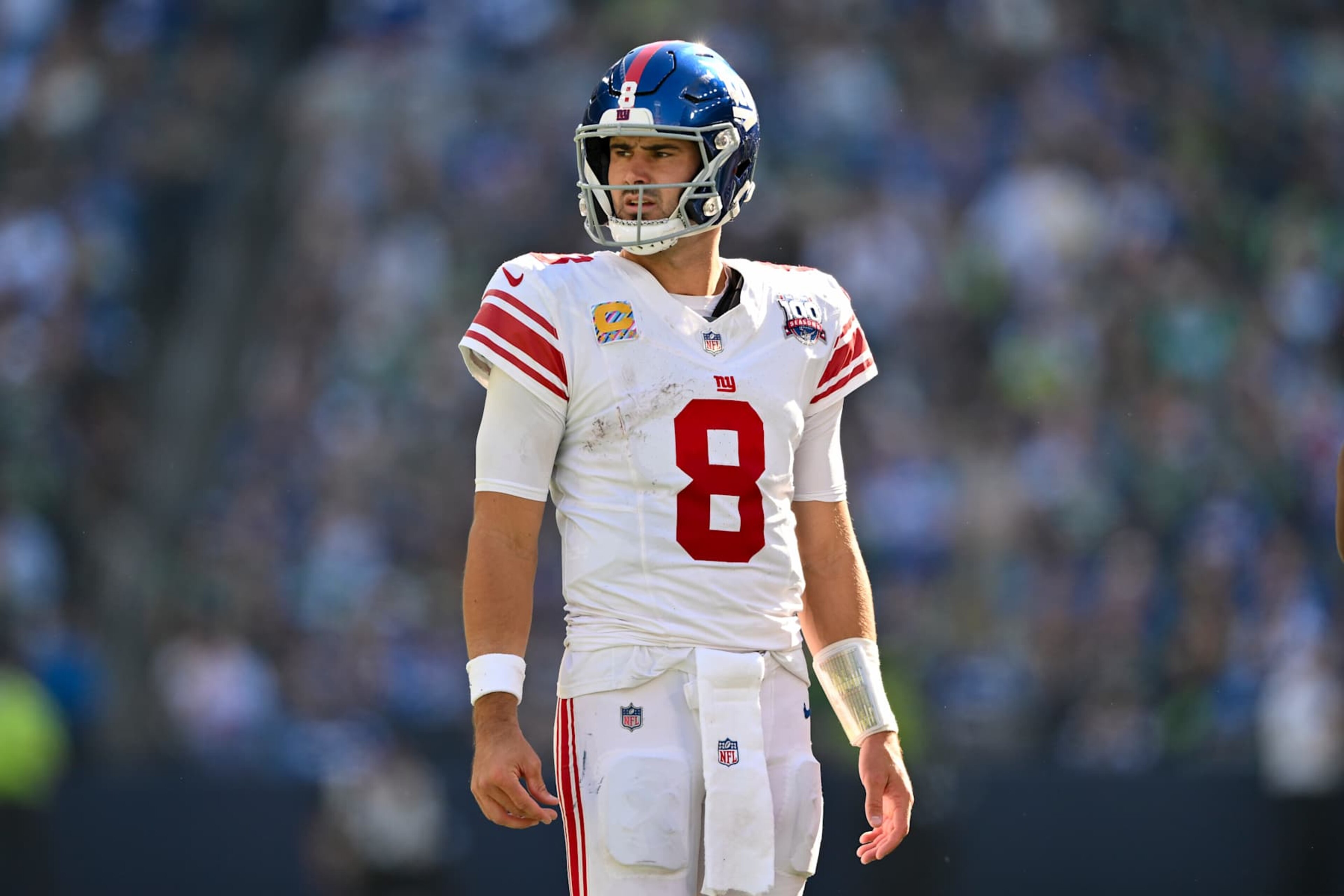SEATTLE, WASHINGTON - OCTOBER 06: Daniel Jones #8 of the New York Giants looks on during the game against the Seattle Seahawks at Lumen Field on October 06, 2024 in Seattle, Washington. The New York Giants won 29-20. (Photo by Alika Jenner/Getty Images)