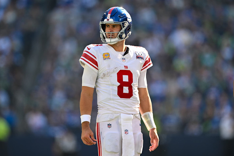 SEATTLE, WASHINGTON - OCTOBER 06: Daniel Jones #8 of the New York Giants looks on during the game against the Seattle Seahawks at Lumen Field on October 06, 2024 in Seattle, Washington. The New York Giants won 29-20. (Photo by Alika Jenner/Getty Images)