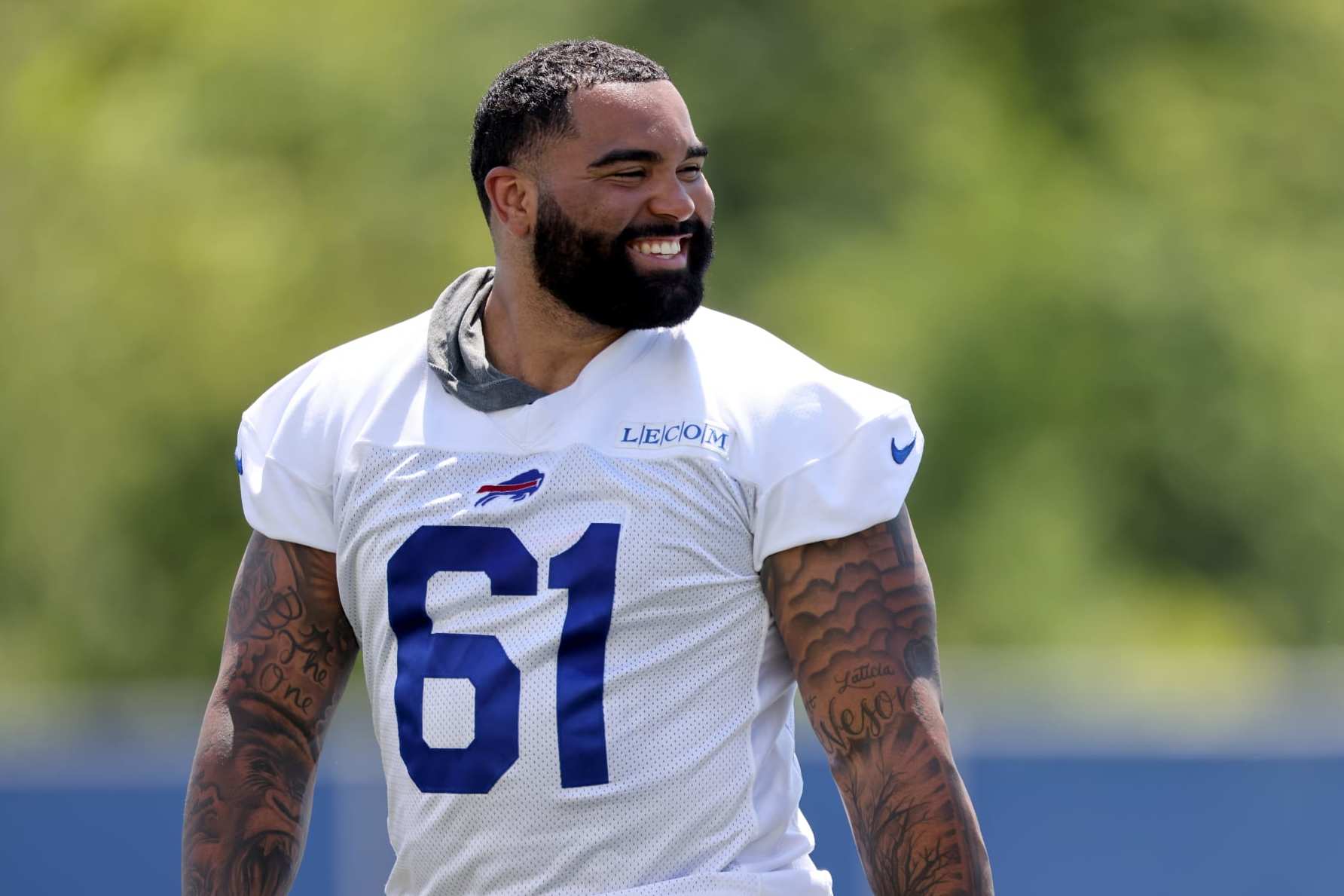 ORCHARD PARK, NEW YORK - JUNE 13: Gable Steveson #61 of the Buffalo Bills walks off the field after Buffalo Bills mandatory mini camp on June 13, 2024 in Orchard Park, New York. (Photo by Bryan Bennett/Getty Images)