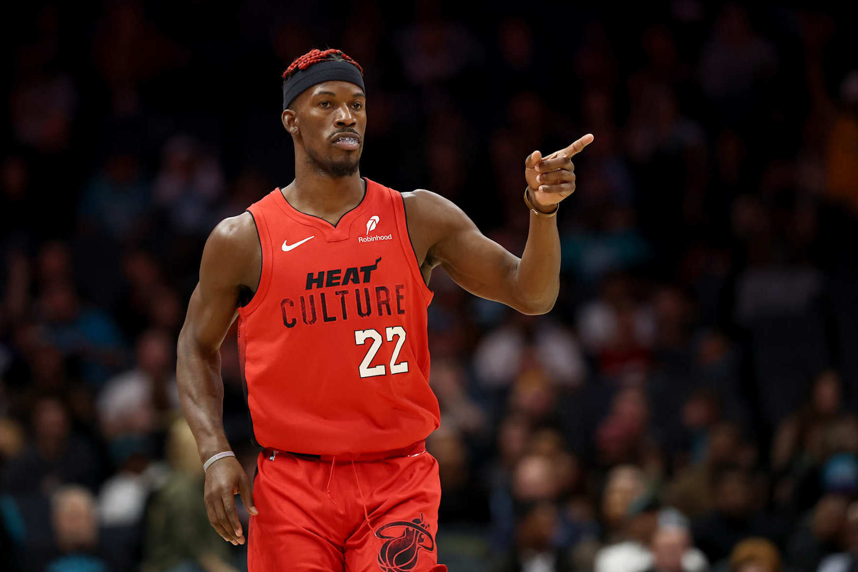 CHARLOTTE, NORTH CAROLINA - NOVEMBER 27: Jimmy Butler #22 of the Miami Heat reacts following a basket during the second half of the game against the Charlotte Hornets at Spectrum Center on November 27, 2024 in Charlotte, North Carolina. NOTE TO USER: User expressly acknowledges and agrees that, by downloading and or using this photograph, User is consenting to the terms and conditions of the Getty Images License Agreement. (Photo by Jared C. Tilton/Getty Images)