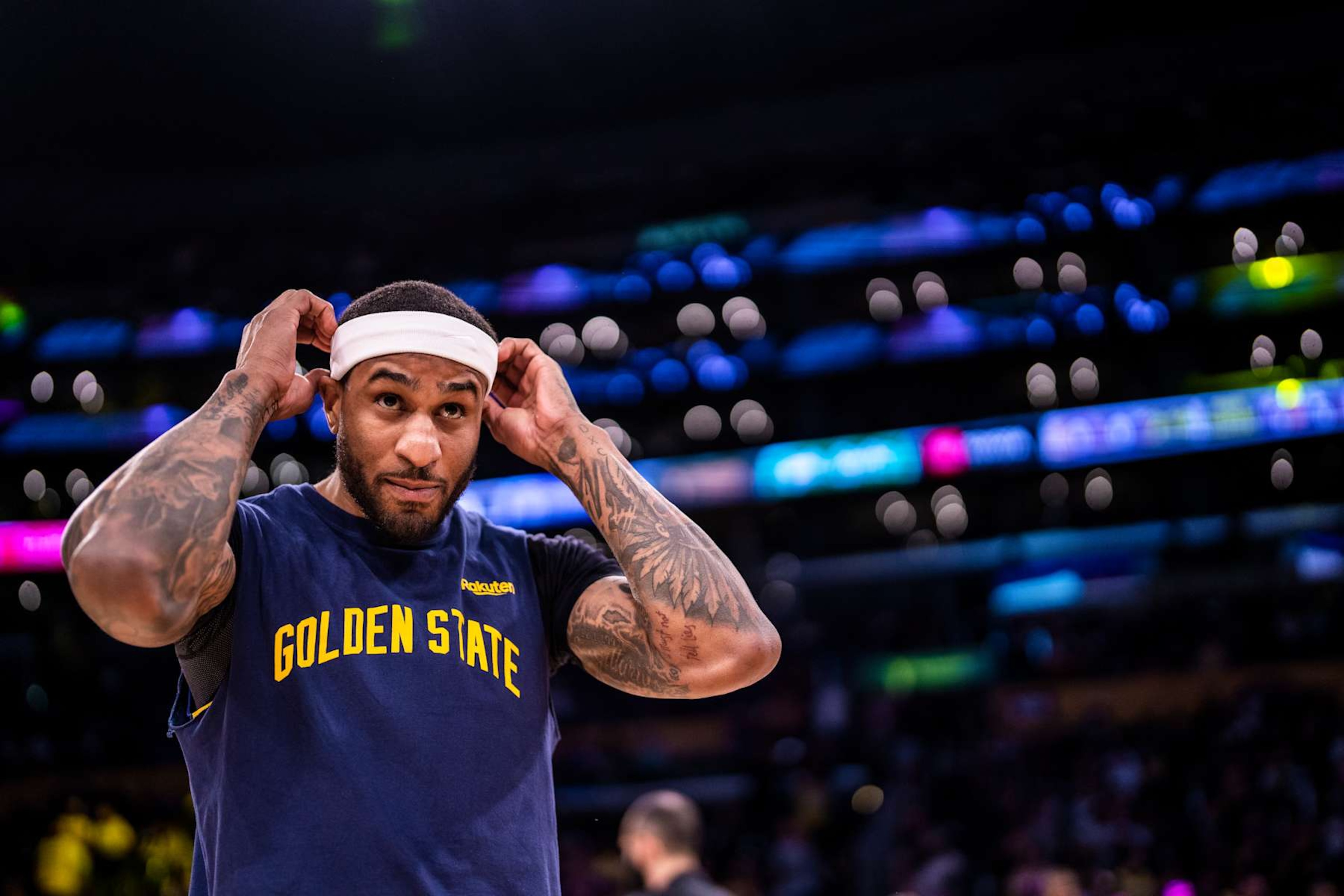 LOS ANGELES, CA - APRIL 9: Gary Payton II #0 of the Golden State Warriors looks on before the game against the Los Angeles Lakers on April 9, 2024 at Crypto.Com Arena in Los Angeles, California. NOTE TO USER: User expressly acknowledges and agrees that, by downloading and/or using this Photograph, user is consenting to the terms and conditions of the Getty Images License Agreement. Mandatory Copyright Notice: Copyright 2024 NBAE (Photo by Tyler Ross/NBAE via Getty Images)