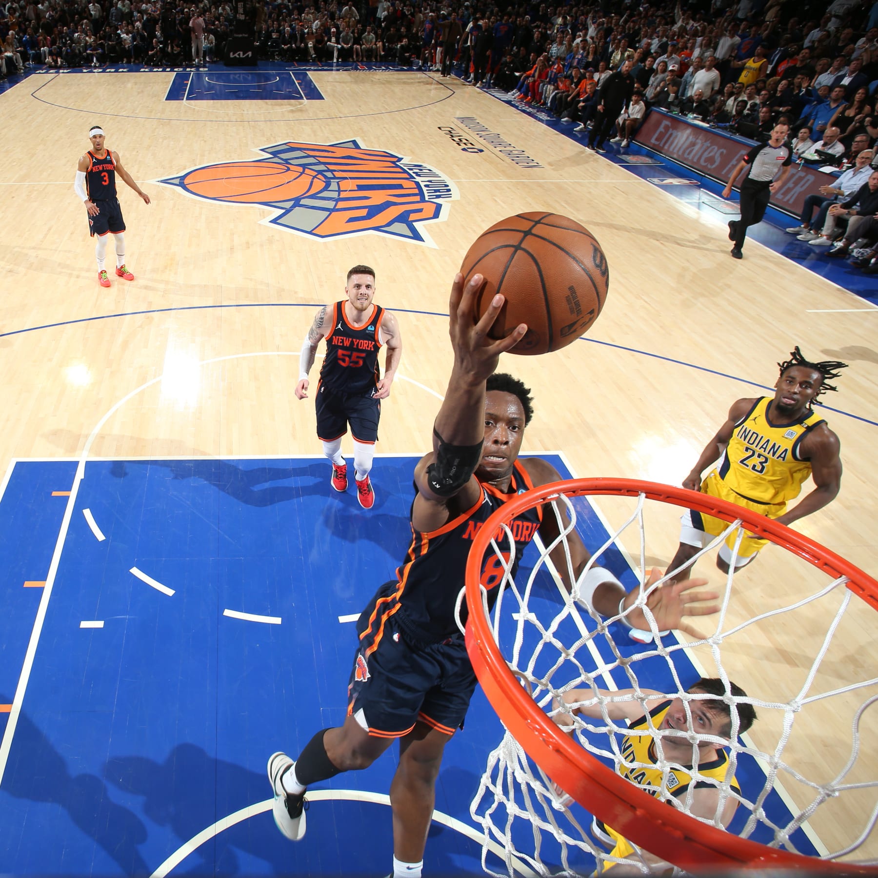 NEW YORK, NY - MAY 8: OG Anunoby #8 of the New York Knicks drives to the basket during the game  against the Indiana Pacers during Round 2 Game 2 of the 2024 NBA Playoffs on May 8, 2024 at Madison Square Garden in New York City, New York.  NOTE TO USER: User expressly acknowledges and agrees that, by downloading and or using this photograph, User is consenting to the terms and conditions of the Getty Images License Agreement. Mandatory Copyright Notice: Copyright 2024 NBAE  (Photo by Nathaniel S. Butler/NBAE via Getty Images)